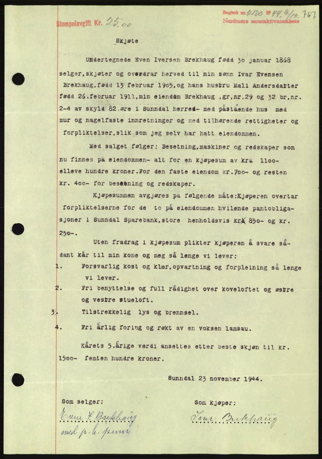 Nordmøre sorenskriveri, SAT/A-4132/1/2/2Ca: Pantebok nr. A98, 1944-1944, Dagboknr: 2130/1944