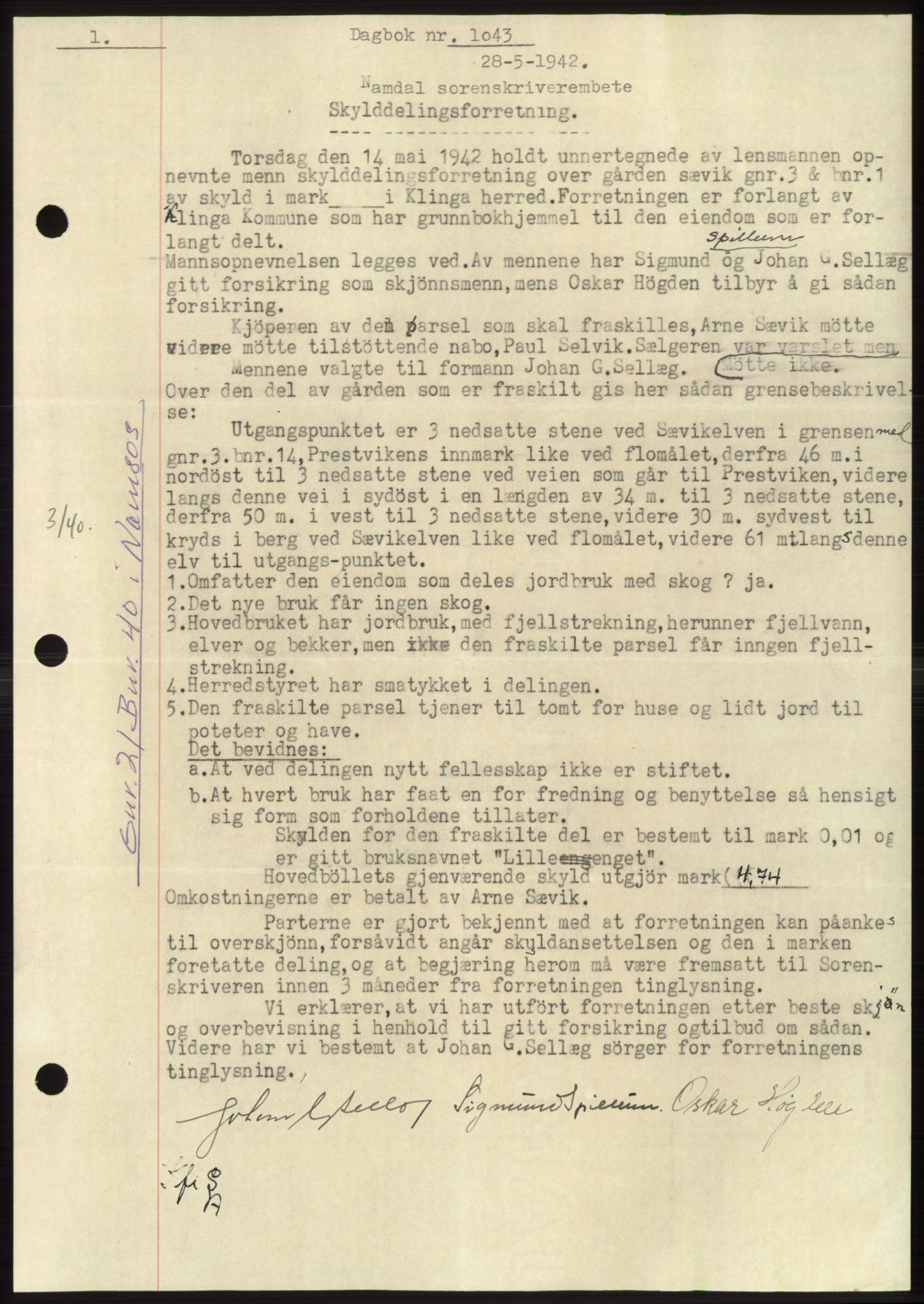 Namdal sorenskriveri, SAT/A-4133/1/2/2C: Pantebok nr. -, 1941-1942, Dagboknr: 1043/1942