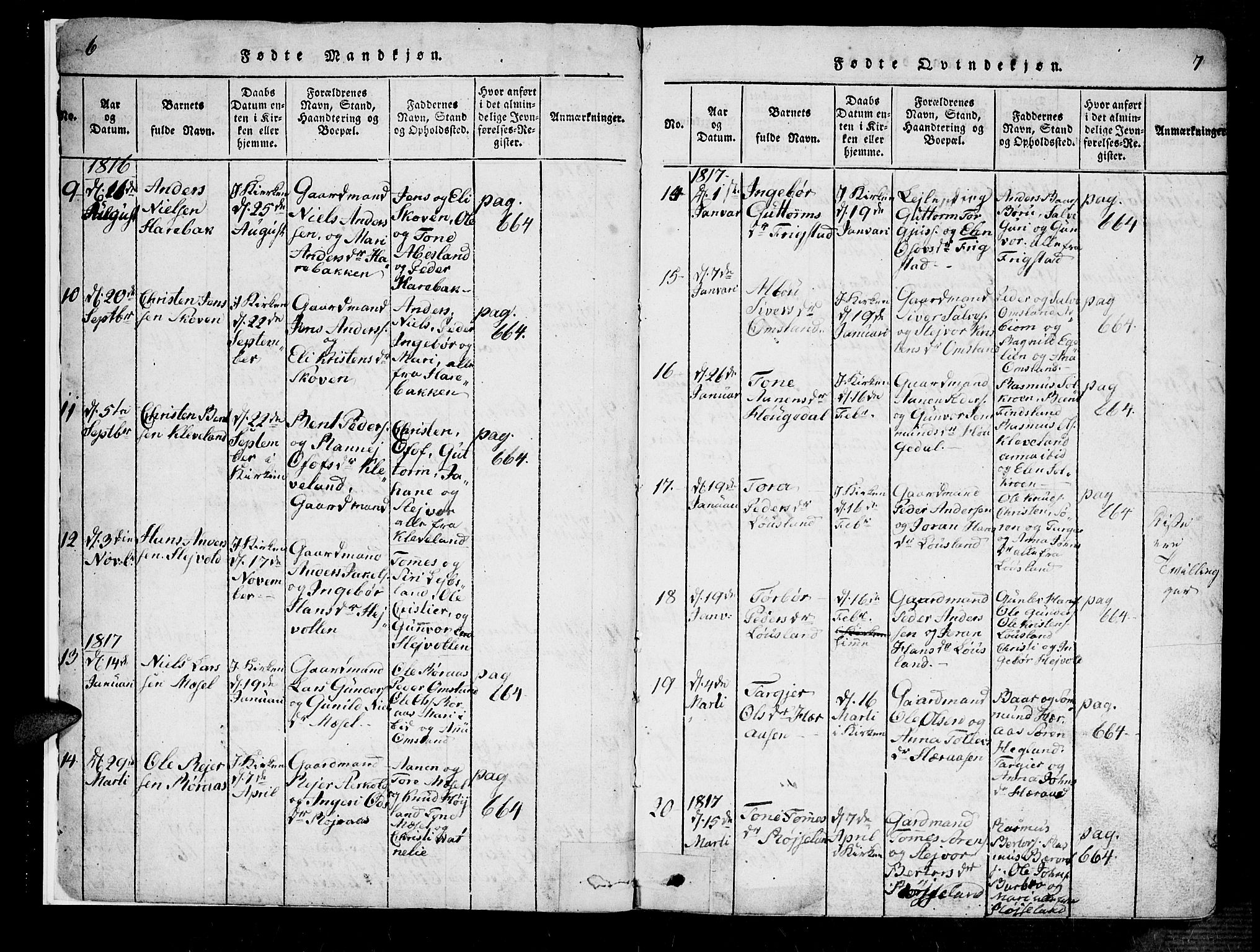 Bjelland sokneprestkontor, SAK/1111-0005/F/Fa/Fab/L0002: Ministerialbok nr. A 2, 1816-1869, s. 6-7