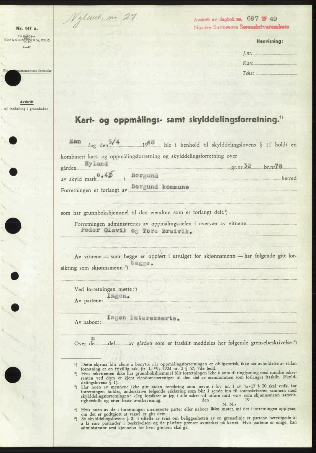 Nordre Sunnmøre sorenskriveri, SAT/A-0006/1/2/2C/2Ca: Pantebok nr. A30, 1949-1949, Dagboknr: 697/1949