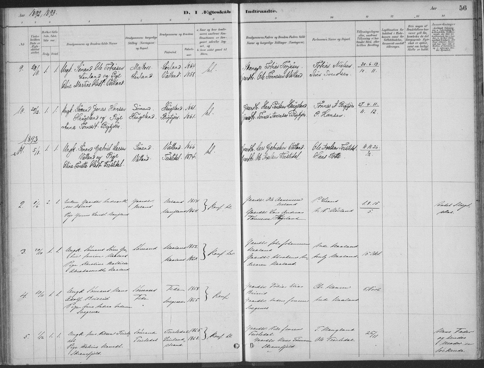 Kvinesdal sokneprestkontor, SAK/1111-0026/F/Fa/Faa/L0004: Ministerialbok nr. A 4, 1882-1897, s. 56