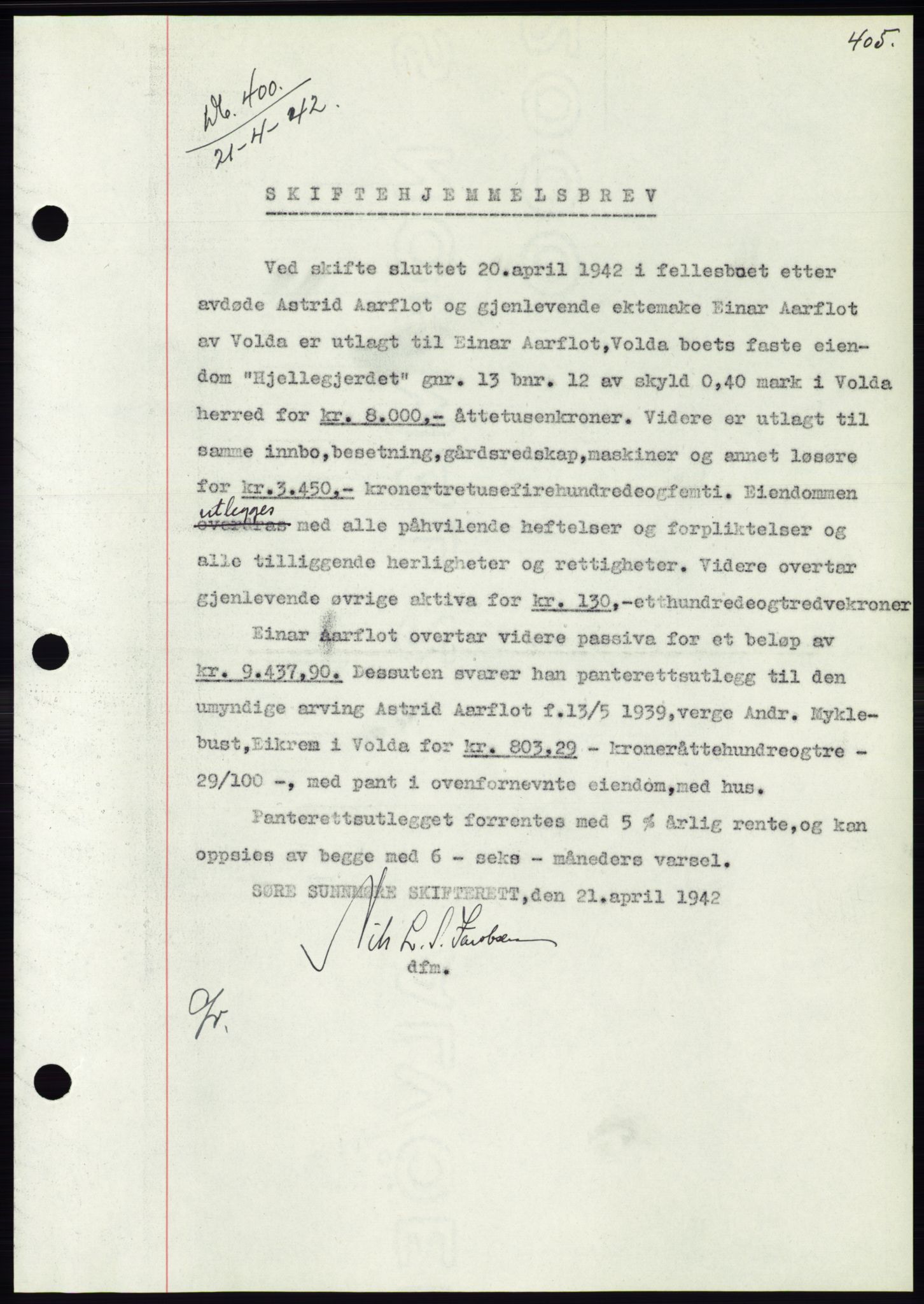 Søre Sunnmøre sorenskriveri, SAT/A-4122/1/2/2C/L0073: Pantebok nr. 67, 1941-1942, Dagboknr: 400/1942
