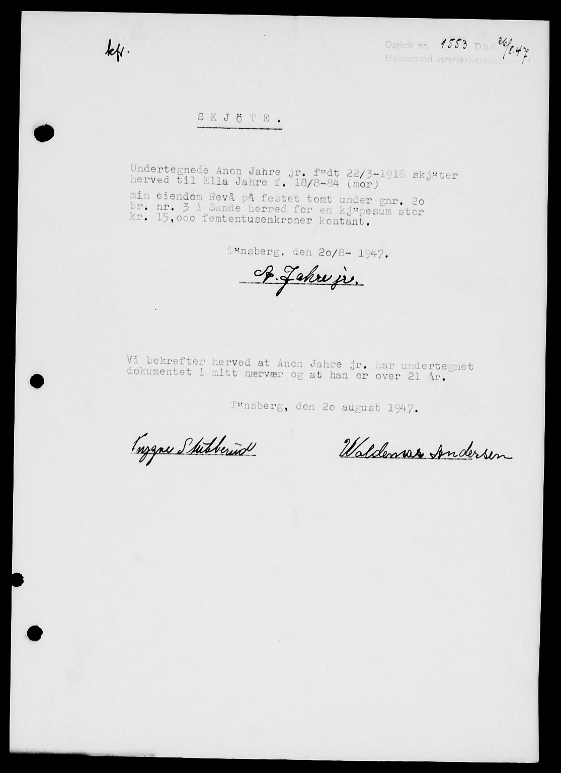 Holmestrand sorenskriveri, SAKO/A-67/G/Ga/Gaa/L0062: Pantebok nr. A-62, 1947-1947, Dagboknr: 1553/1947