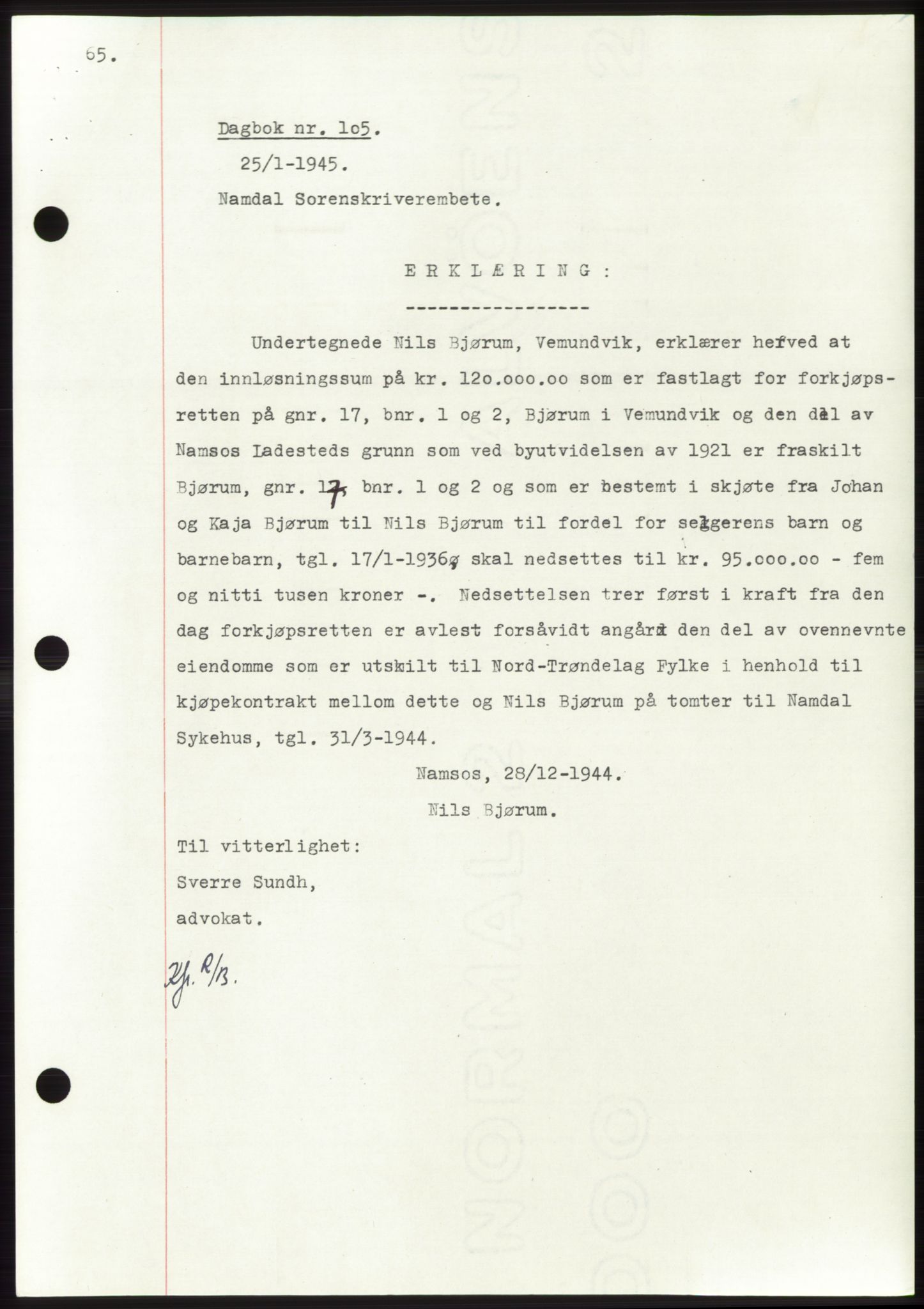 Namdal sorenskriveri, SAT/A-4133/1/2/2C: Pantebok nr. -, 1944-1945, Dagboknr: 105/1945