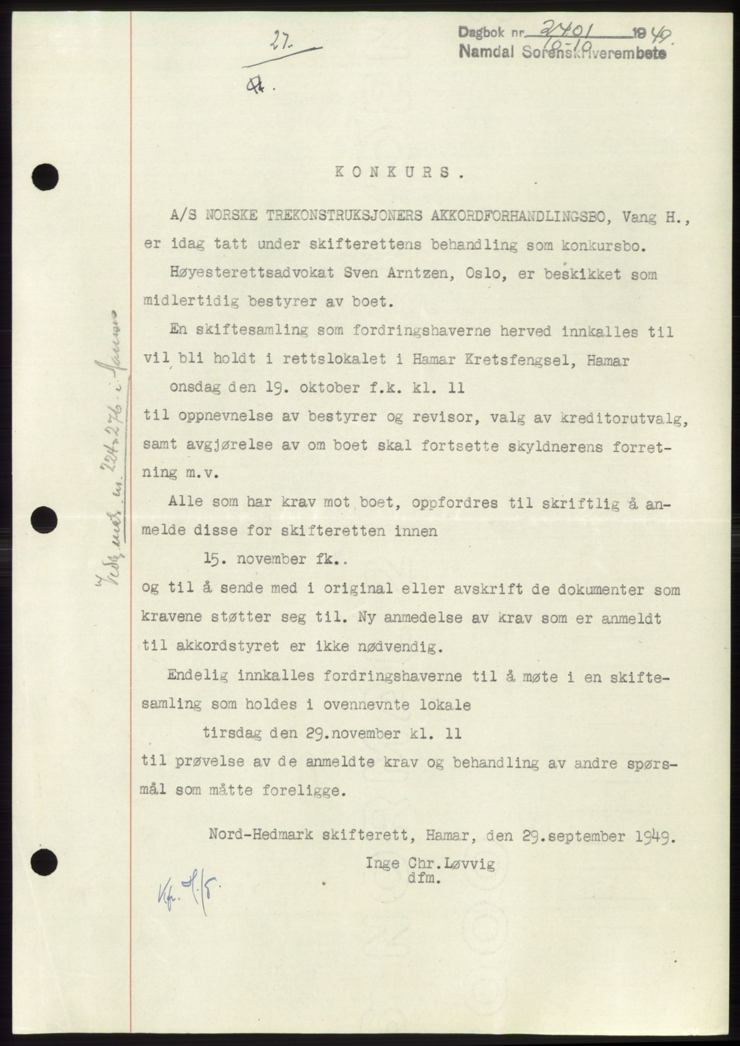 Namdal sorenskriveri, SAT/A-4133/1/2/2C: Pantebok nr. -, 1949-1949, Dagboknr: 2401/1949