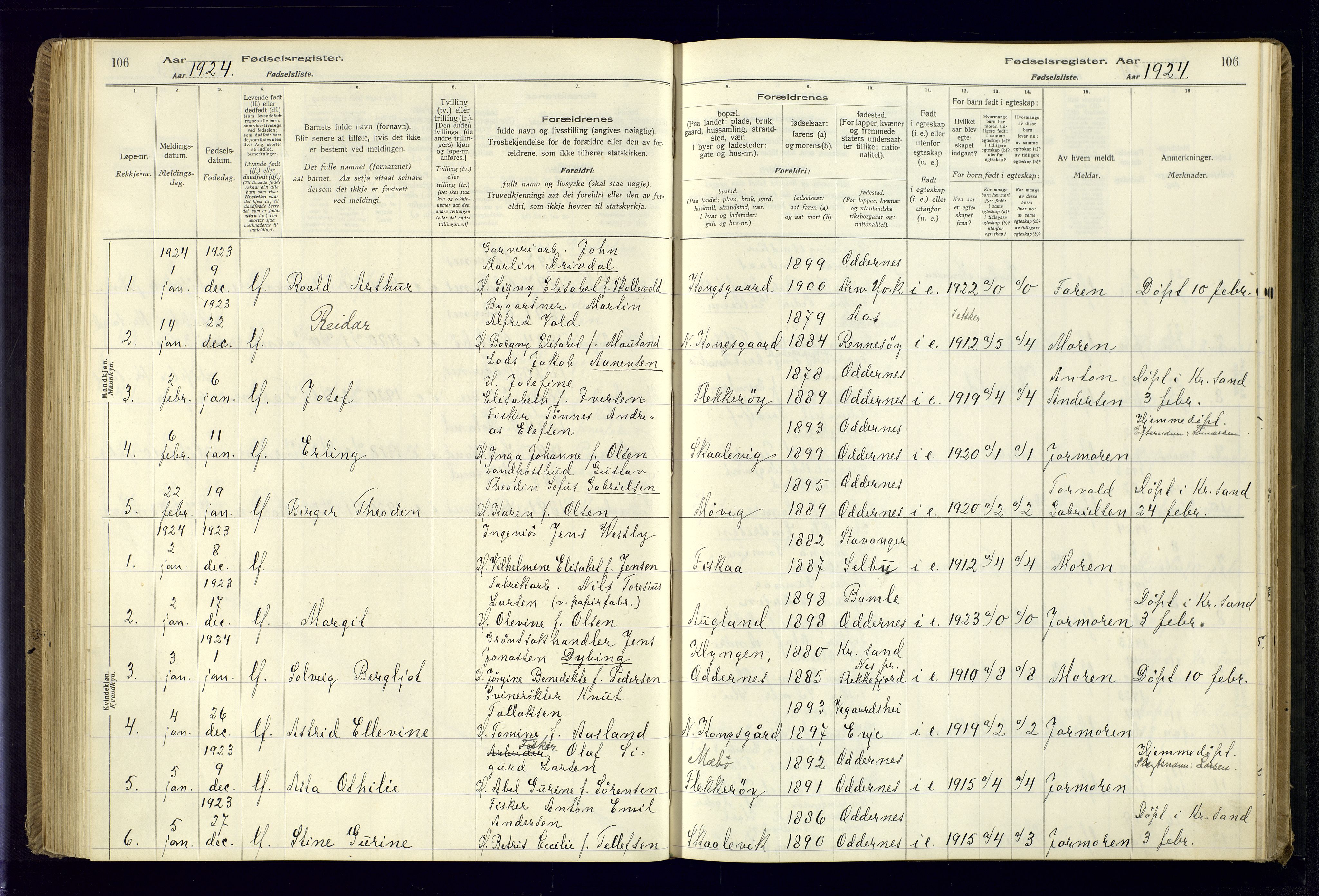 Oddernes sokneprestkontor, SAK/1111-0033/J/Ja/L0001: Fødselsregister nr. 1, 1916-1935, s. 106