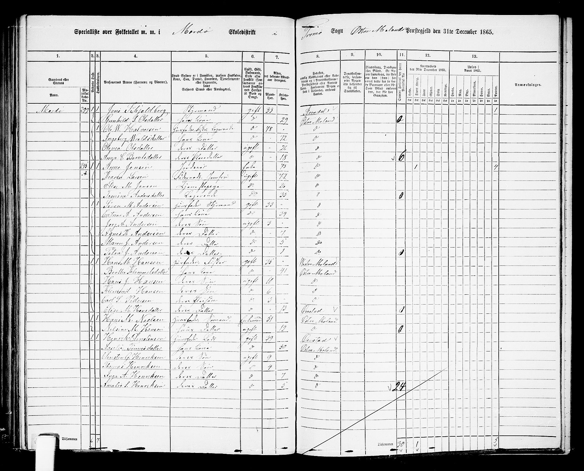 RA, Folketelling 1865 for 0918P Austre Moland prestegjeld, 1865, s. 276