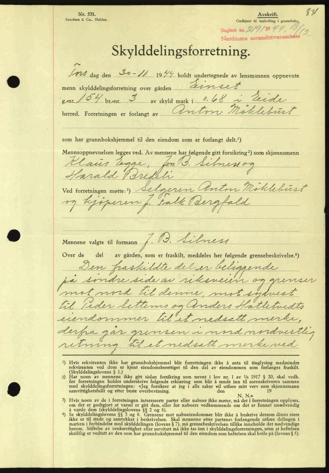 Nordmøre sorenskriveri, SAT/A-4132/1/2/2Ca: Pantebok nr. A98, 1944-1944, Dagboknr: 2191/1944