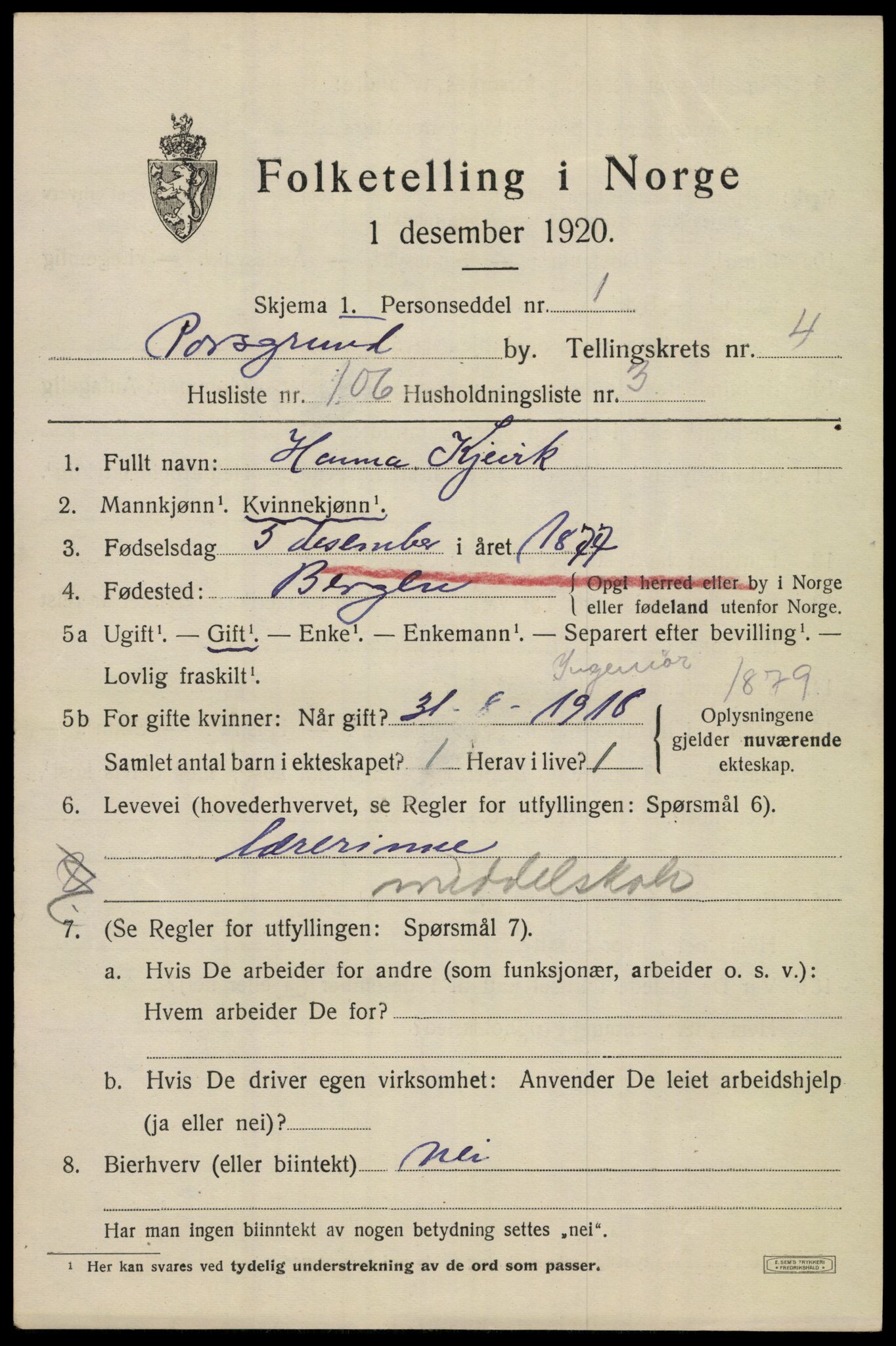 SAKO, Folketelling 1920 for 0805 Porsgrunn kjøpstad, 1920, s. 19943