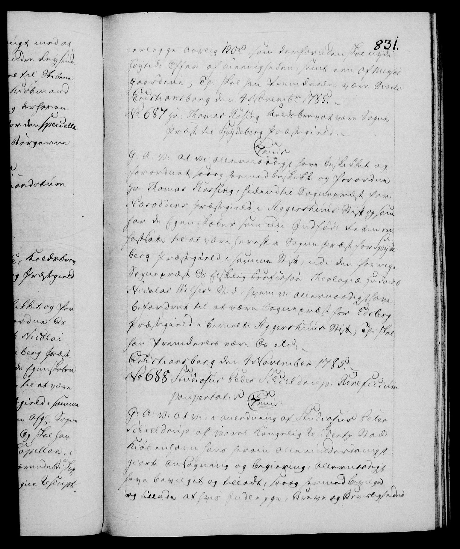 Danske Kanselli 1572-1799, RA/EA-3023/F/Fc/Fca/Fcaa/L0050: Norske registre, 1784-1785, s. 831a
