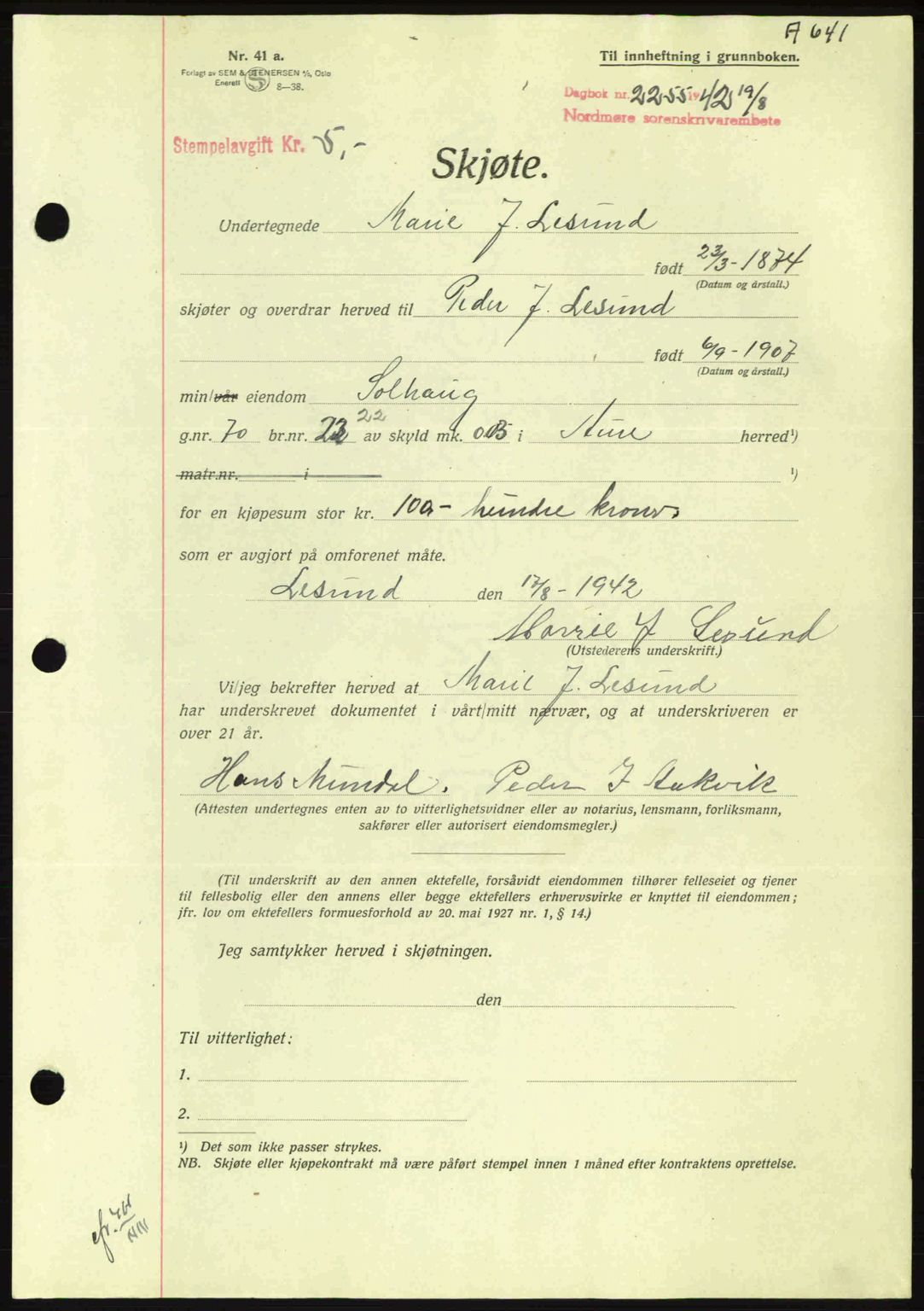 Nordmøre sorenskriveri, AV/SAT-A-4132/1/2/2Ca: Pantebok nr. A93, 1942-1942, Dagboknr: 2255/1942