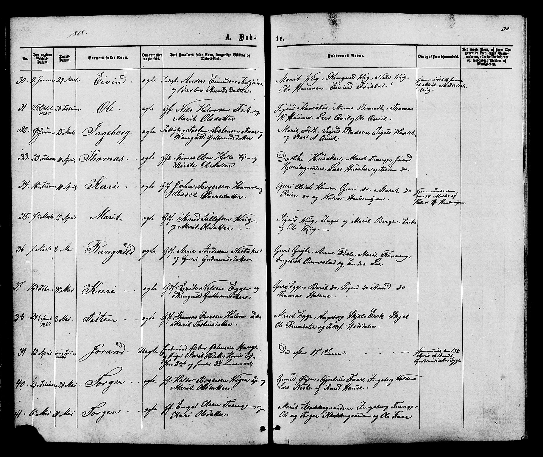 Vestre Slidre prestekontor, SAH/PREST-136/H/Ha/Haa/L0003: Ministerialbok nr. 3, 1865-1880, s. 30