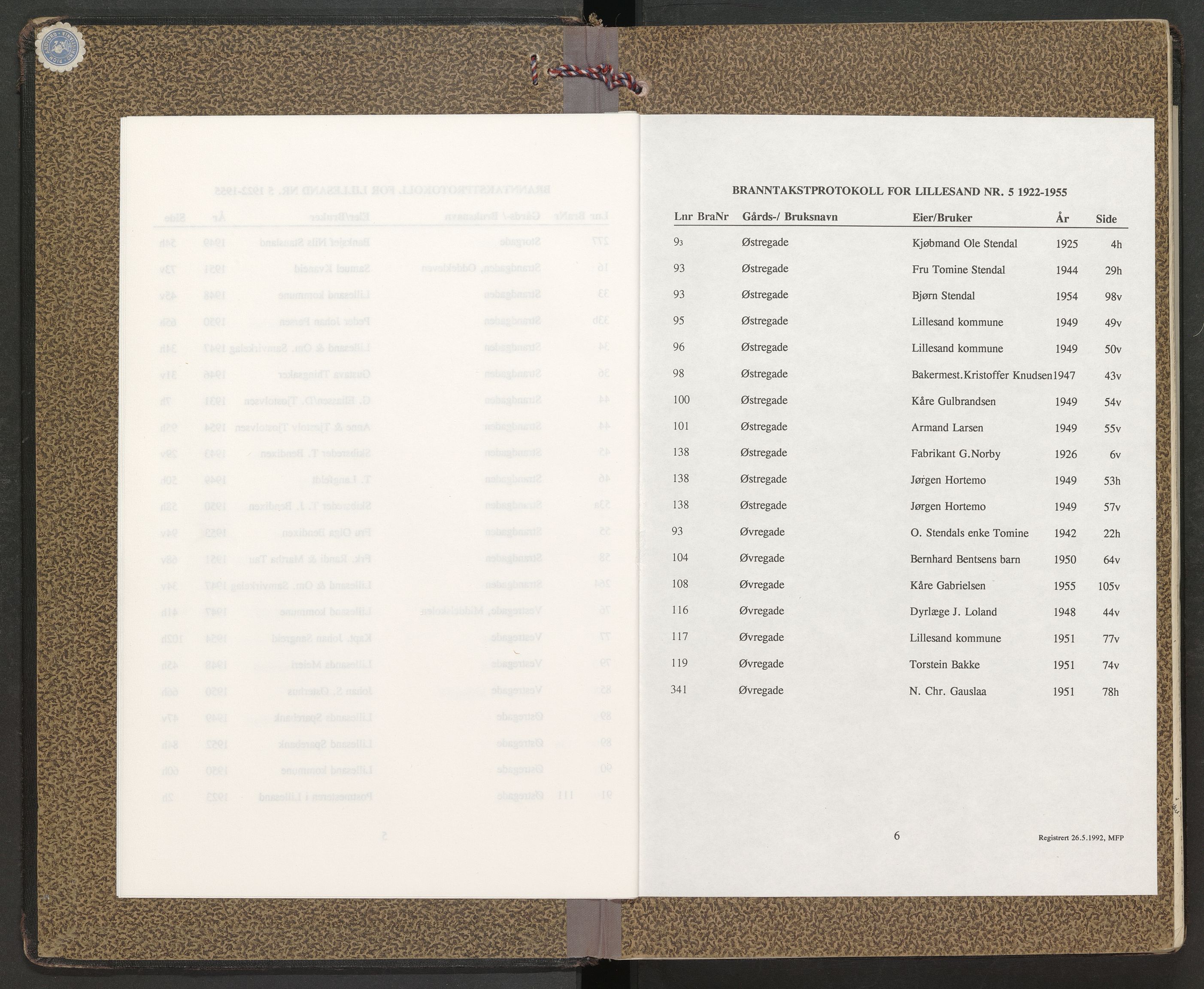 Norges Brannkasse Lillesand, AV/SAK-2241-0033/F/Fa/L0005: Branntakstprotokoll nr. 5 med gatenavnregister, 1922-1955