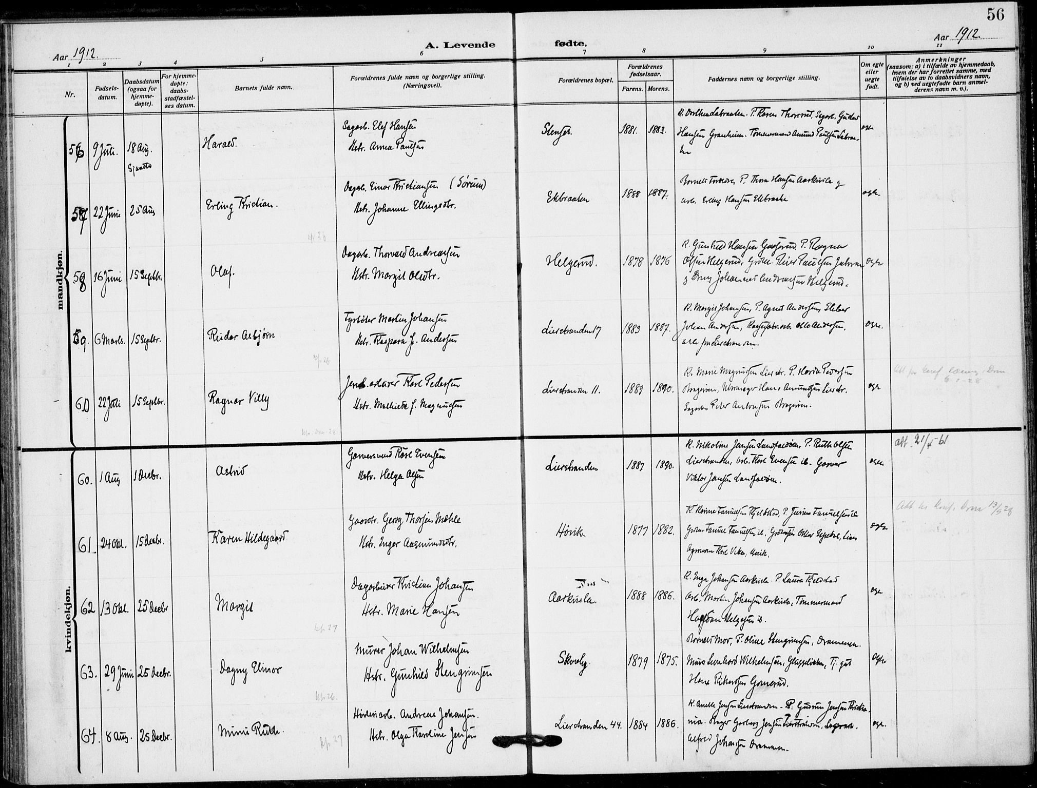 Lier kirkebøker, AV/SAKO-A-230/F/Fa/L0018: Ministerialbok nr. I 18, 1909-1917, s. 56