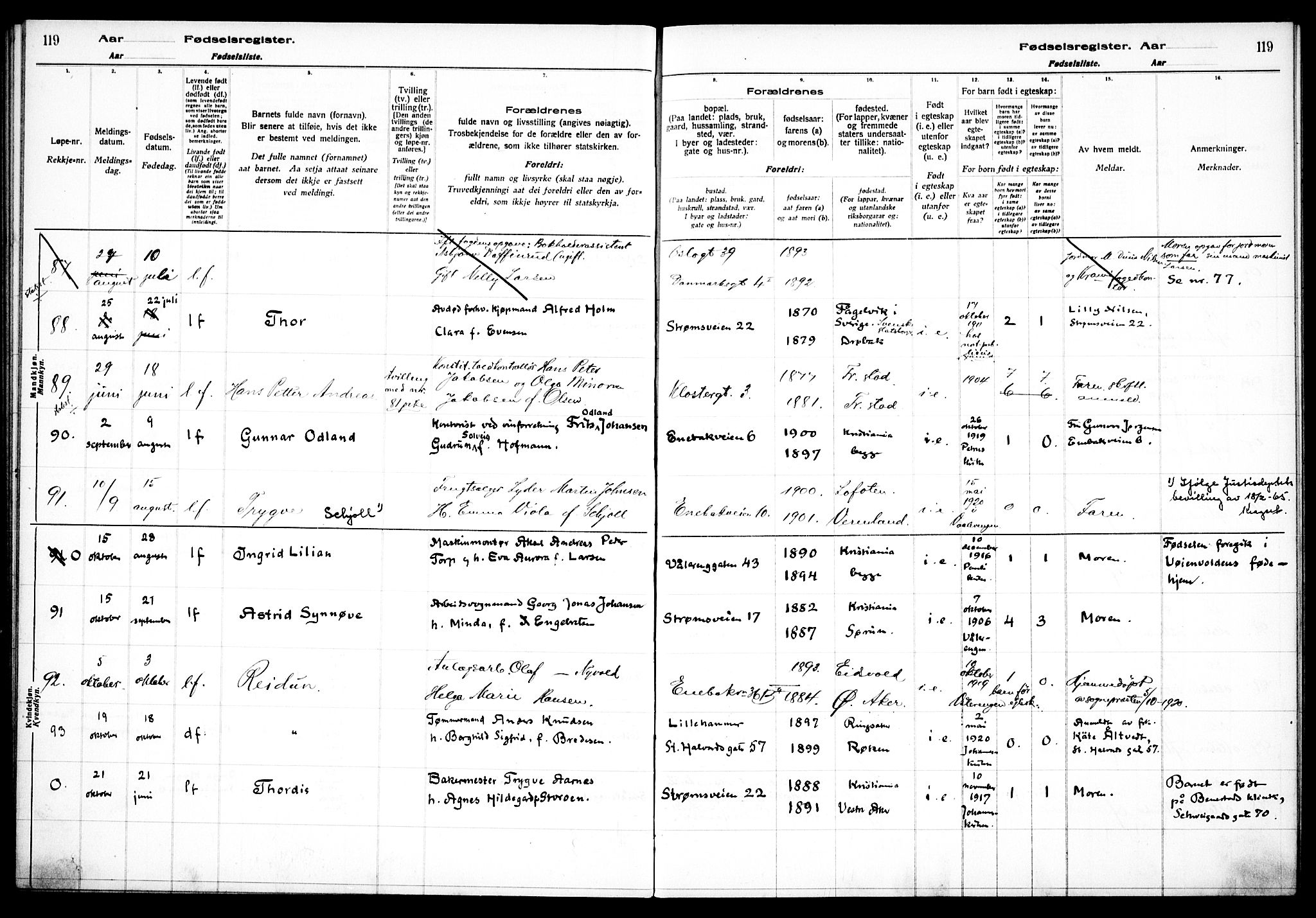 Vålerengen prestekontor Kirkebøker, AV/SAO-A-10878/J/Ja/L0001: Fødselsregister nr. 1, 1916-1924, s. 119