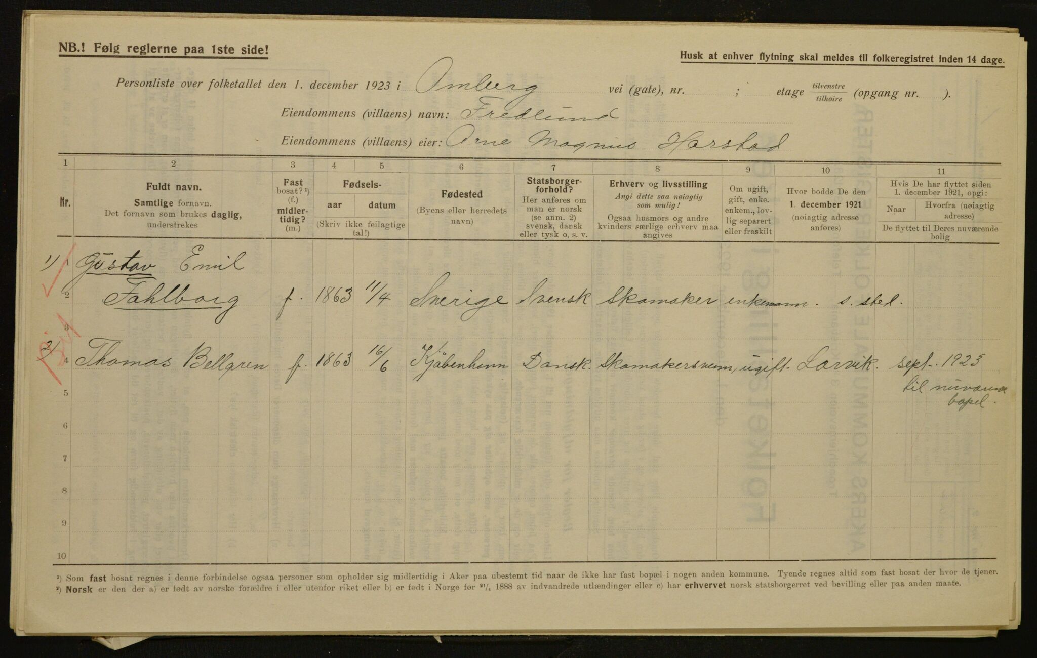 , Kommunal folketelling 1.12.1923 for Aker, 1923, s. 1703