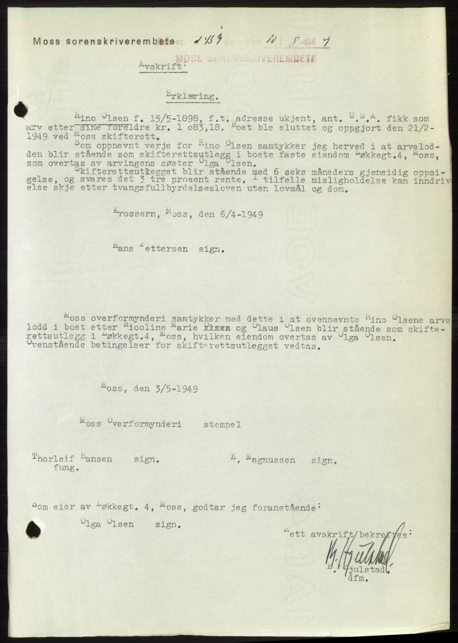 Moss sorenskriveri, SAO/A-10168: Pantebok nr. B22, 1949-1949, Dagboknr: 2459/1949