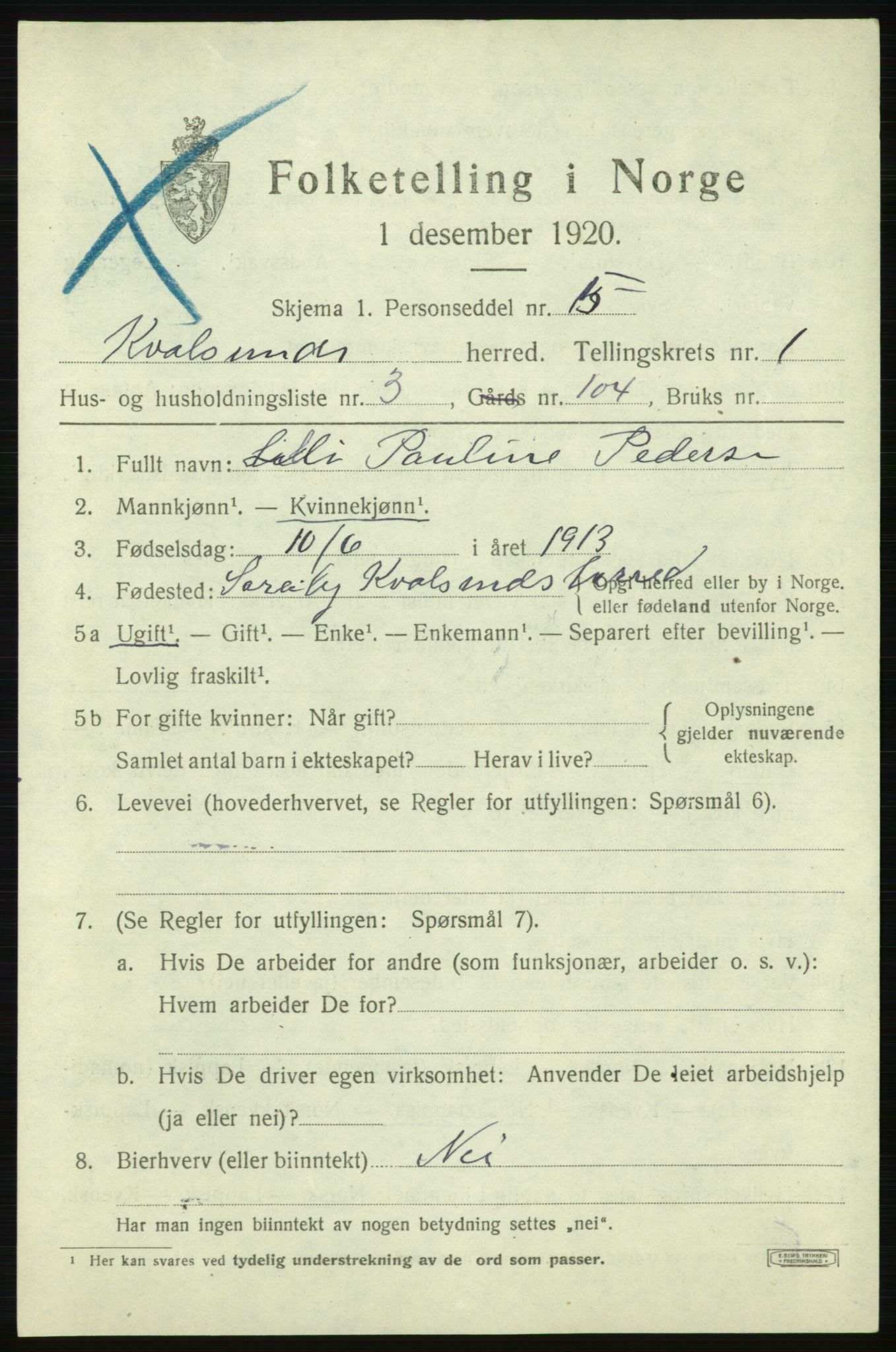 SATØ, Folketelling 1920 for 2017 Kvalsund herred, 1920, s. 496