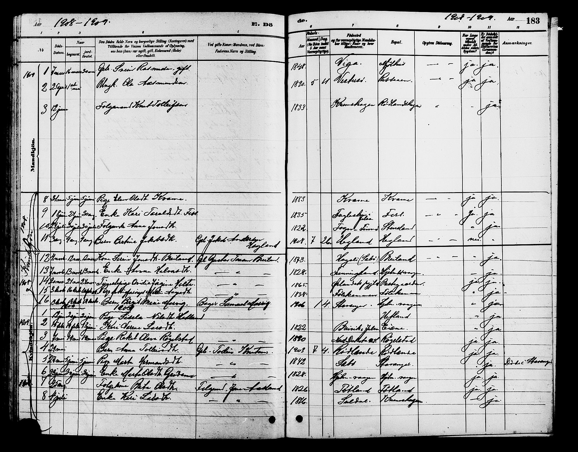 Hjelmeland sokneprestkontor, AV/SAST-A-101843/01/V/L0007: Klokkerbok nr. B 7, 1880-1909, s. 183