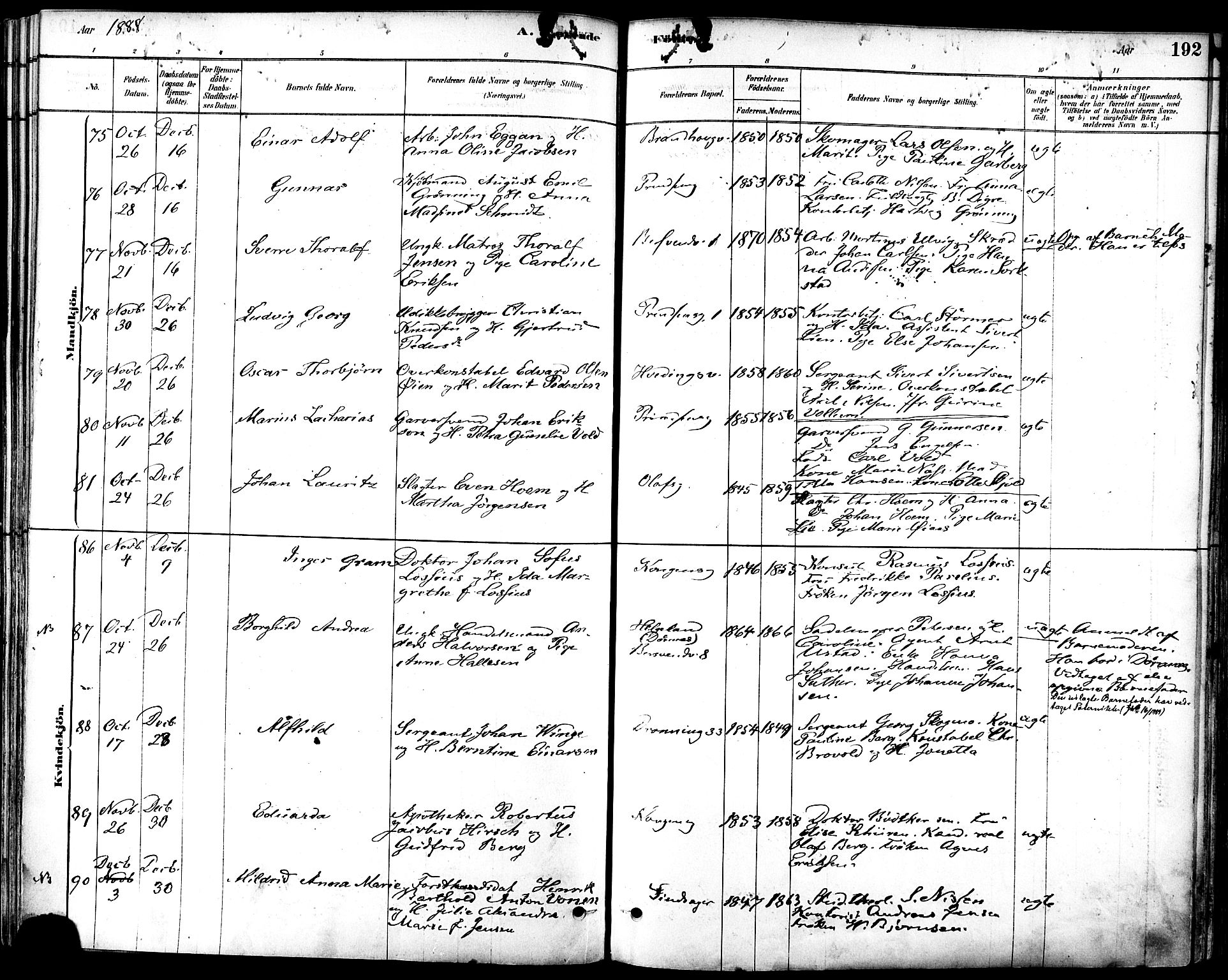 Ministerialprotokoller, klokkerbøker og fødselsregistre - Sør-Trøndelag, SAT/A-1456/601/L0057: Ministerialbok nr. 601A25, 1877-1891, s. 192