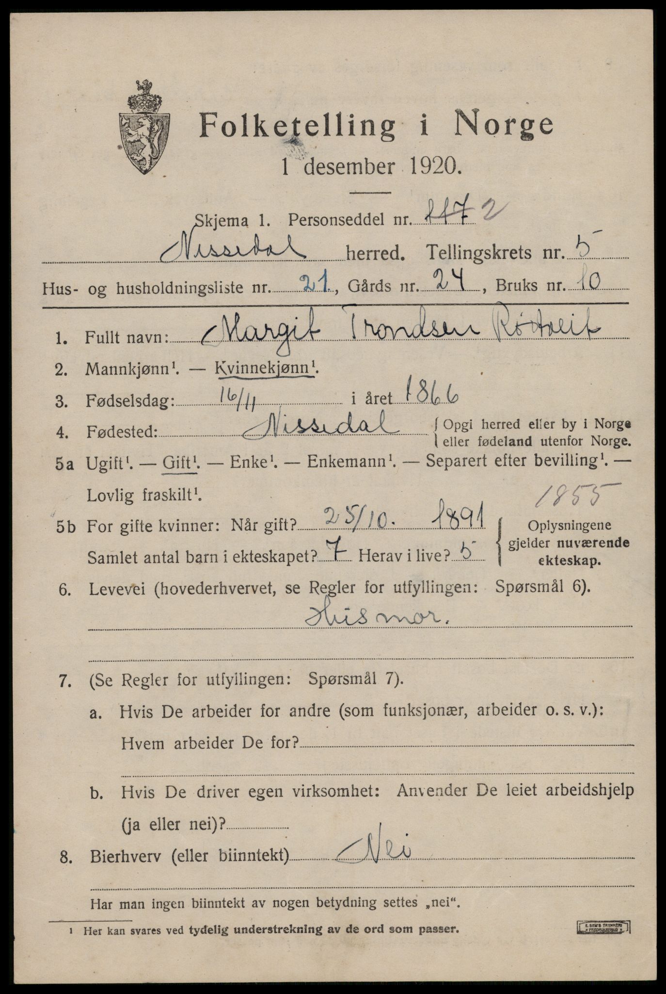 SAKO, Folketelling 1920 for 0830 Nissedal herred, 1920, s. 2263