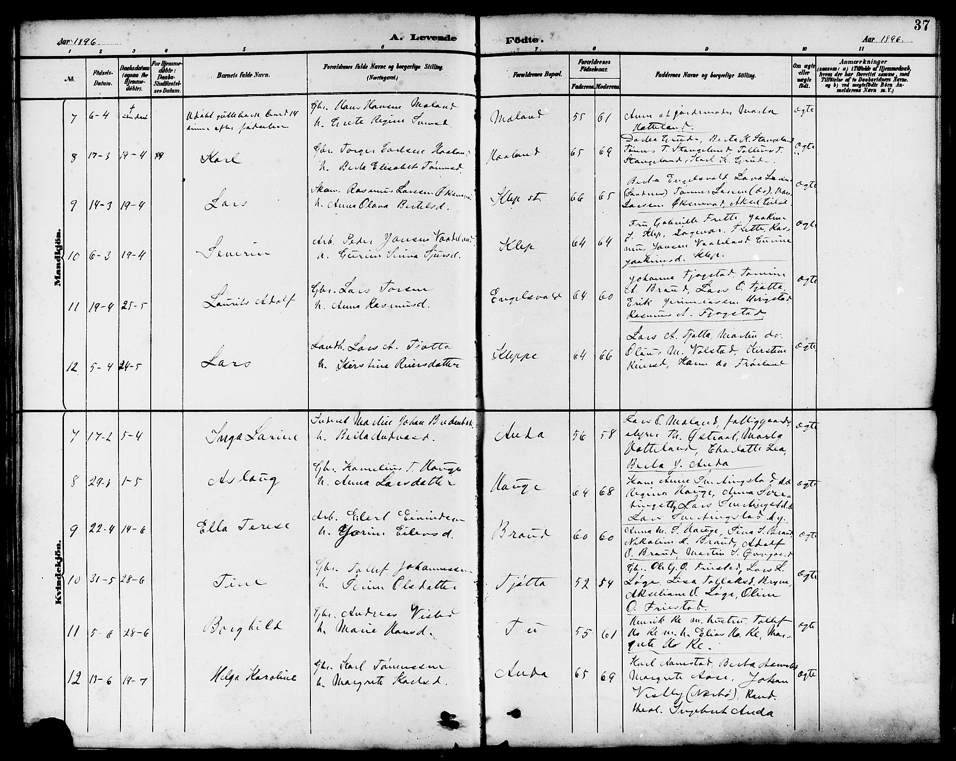 Klepp sokneprestkontor, AV/SAST-A-101803/001/3/30BB/L0004: Klokkerbok nr. B 4, 1889-1914, s. 37