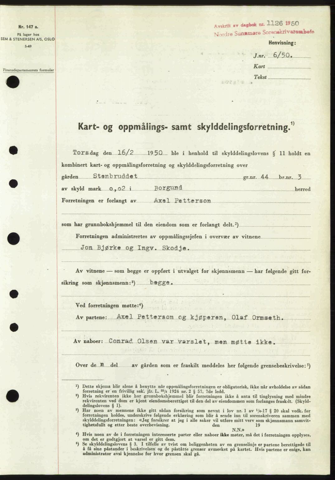 Nordre Sunnmøre sorenskriveri, SAT/A-0006/1/2/2C/2Ca: Pantebok nr. A34, 1950-1950, Dagboknr: 1126/1950