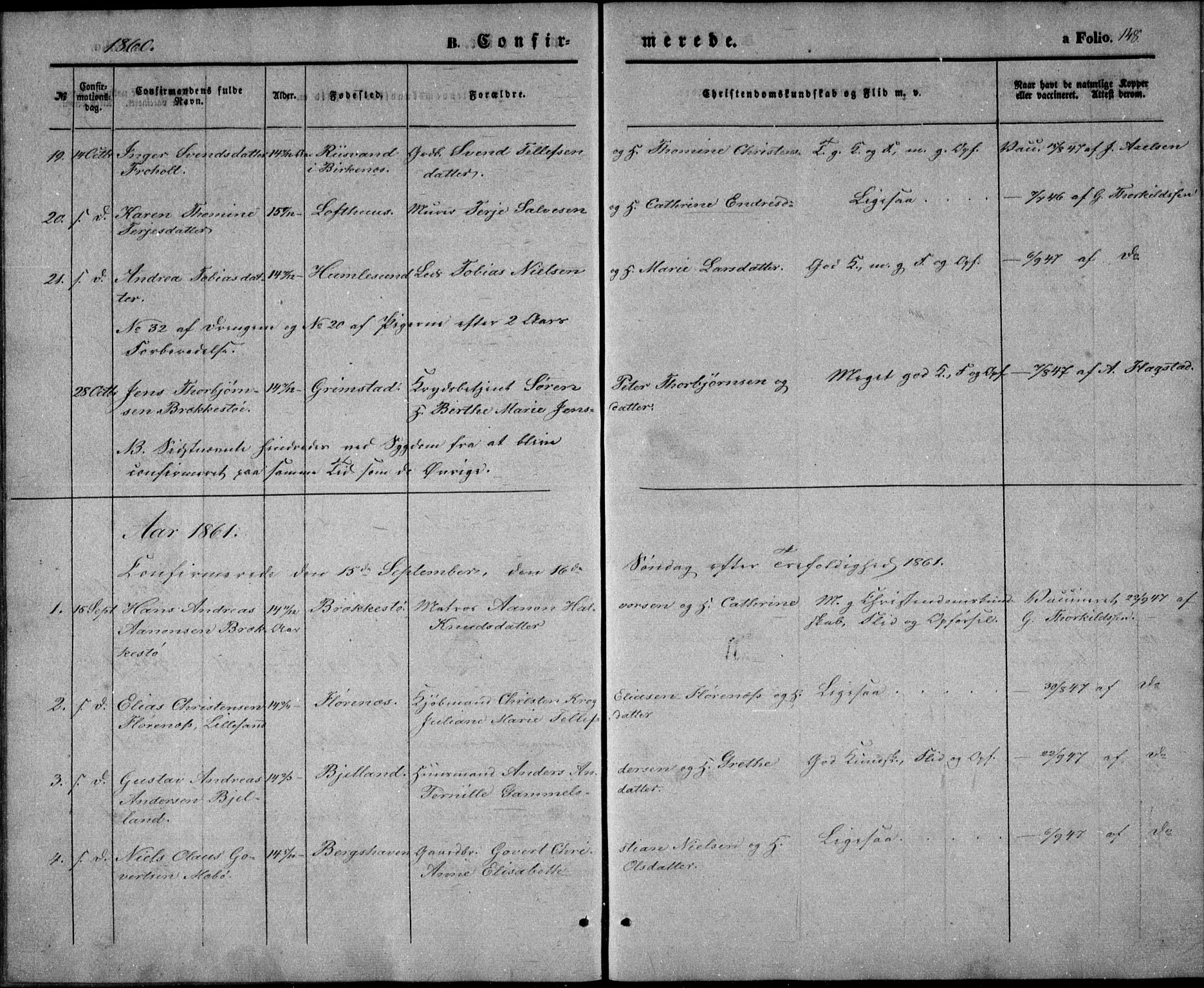 Vestre Moland sokneprestkontor, AV/SAK-1111-0046/F/Fb/Fbb/L0003: Klokkerbok nr. B 3, 1851-1861, s. 148