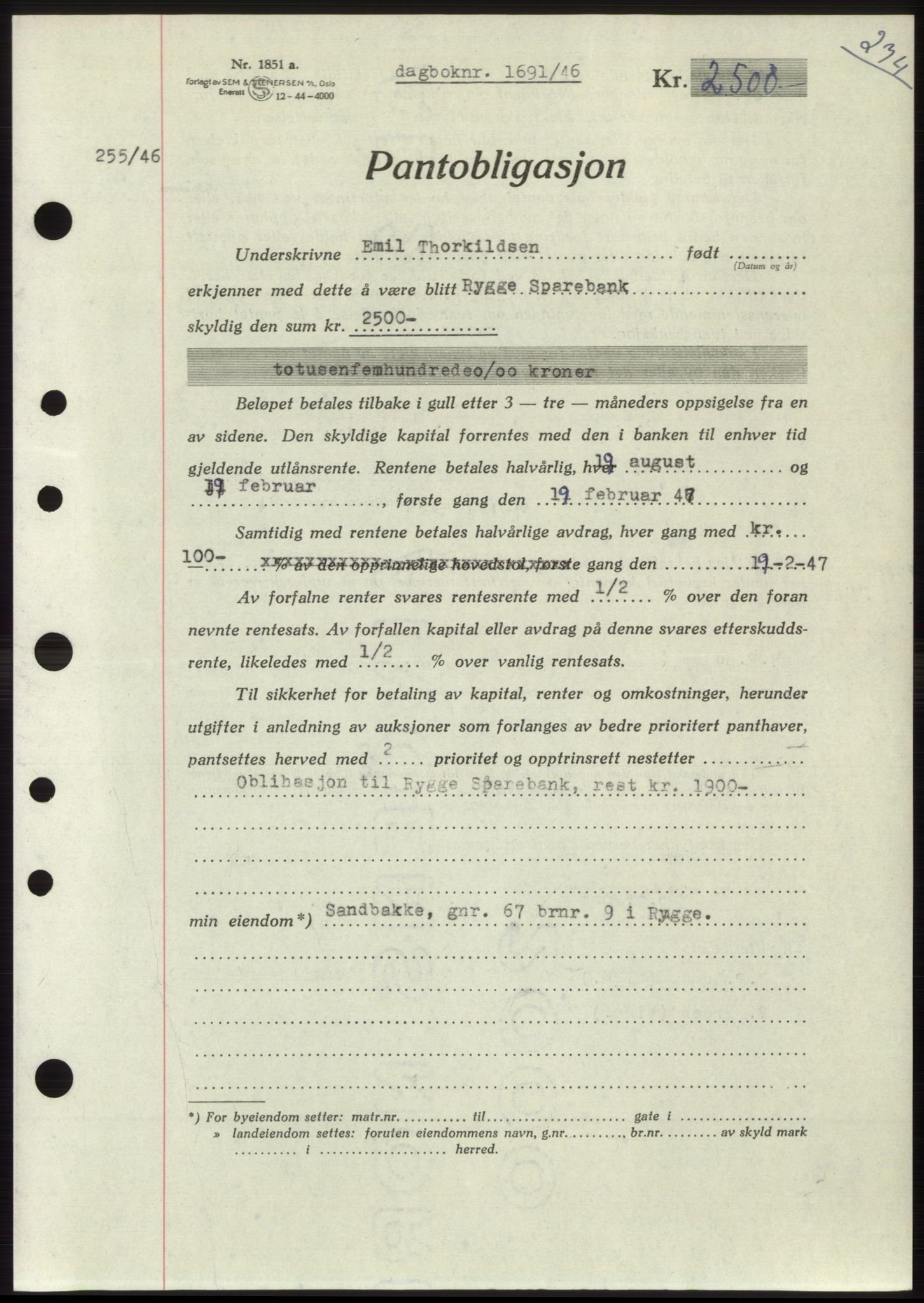Moss sorenskriveri, SAO/A-10168: Pantebok nr. B15, 1946-1946, Dagboknr: 1691/1946