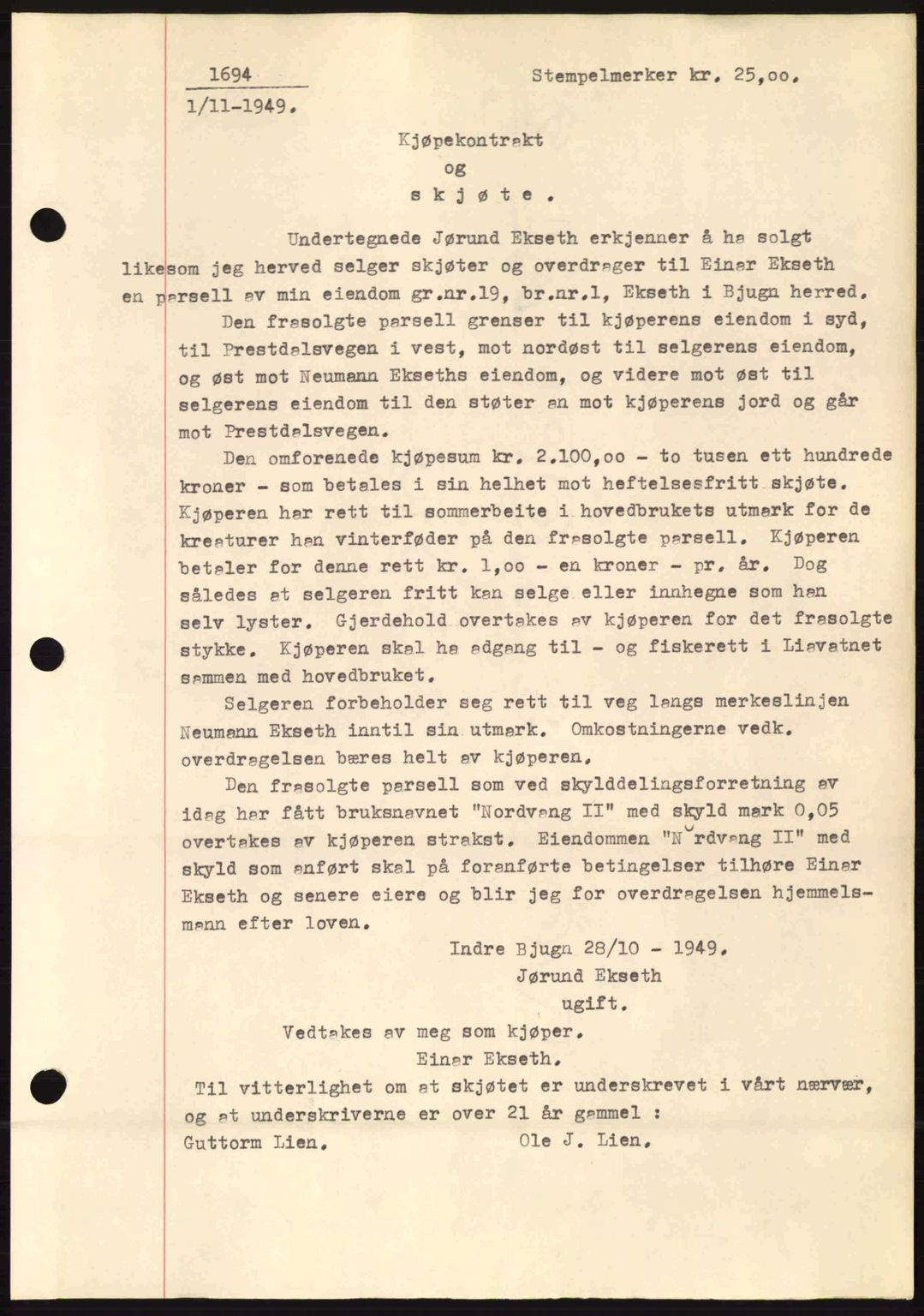 Fosen sorenskriveri, AV/SAT-A-1107/1/2/2C: Pantebok nr. A10, 1949-1950, Dagboknr: 1694/1949