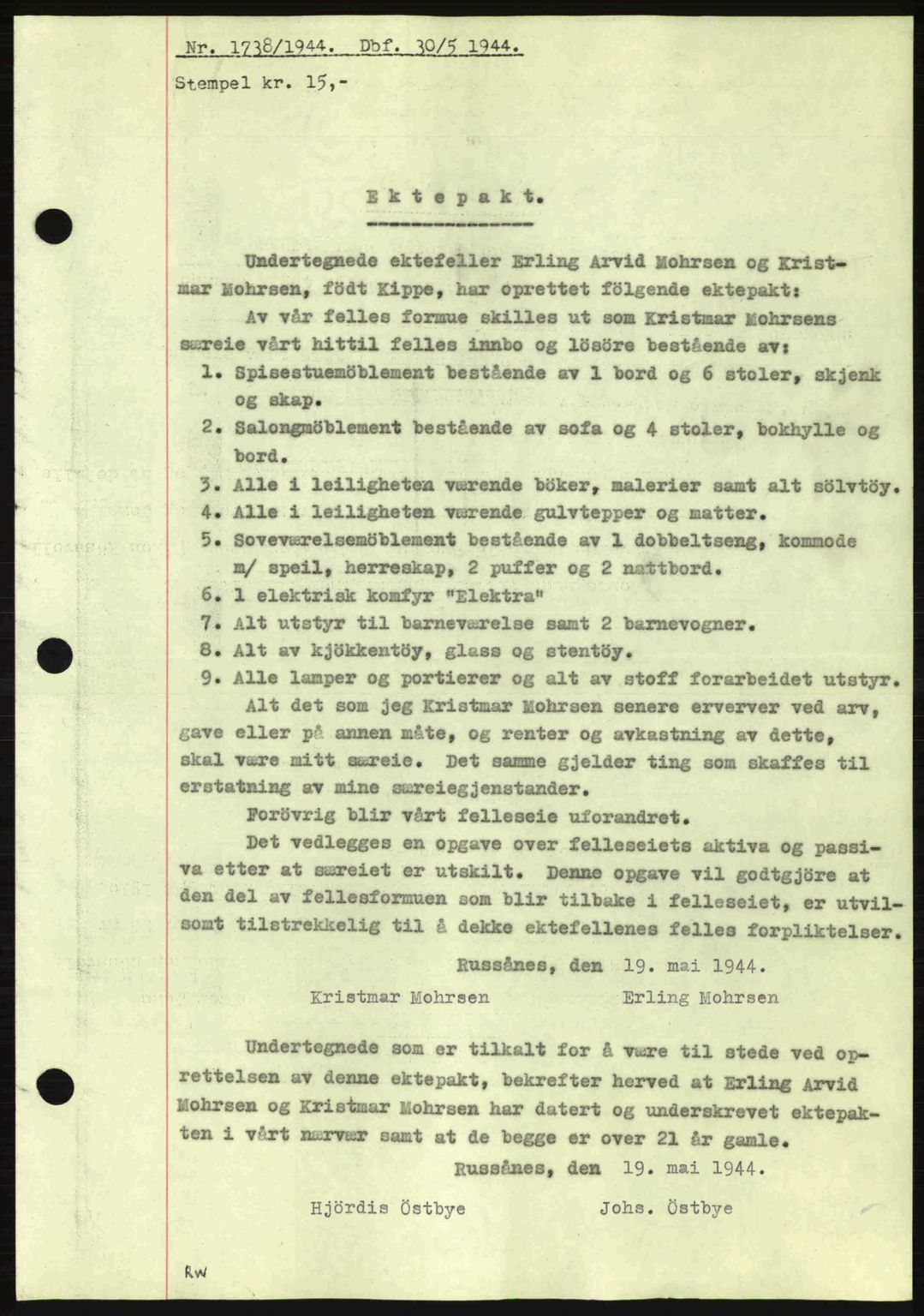 Salten sorenskriveri, SAT/A-4578/1/2/2C: Pantebok nr. A14-15, 1943-1945, Dagboknr: 1738/1944