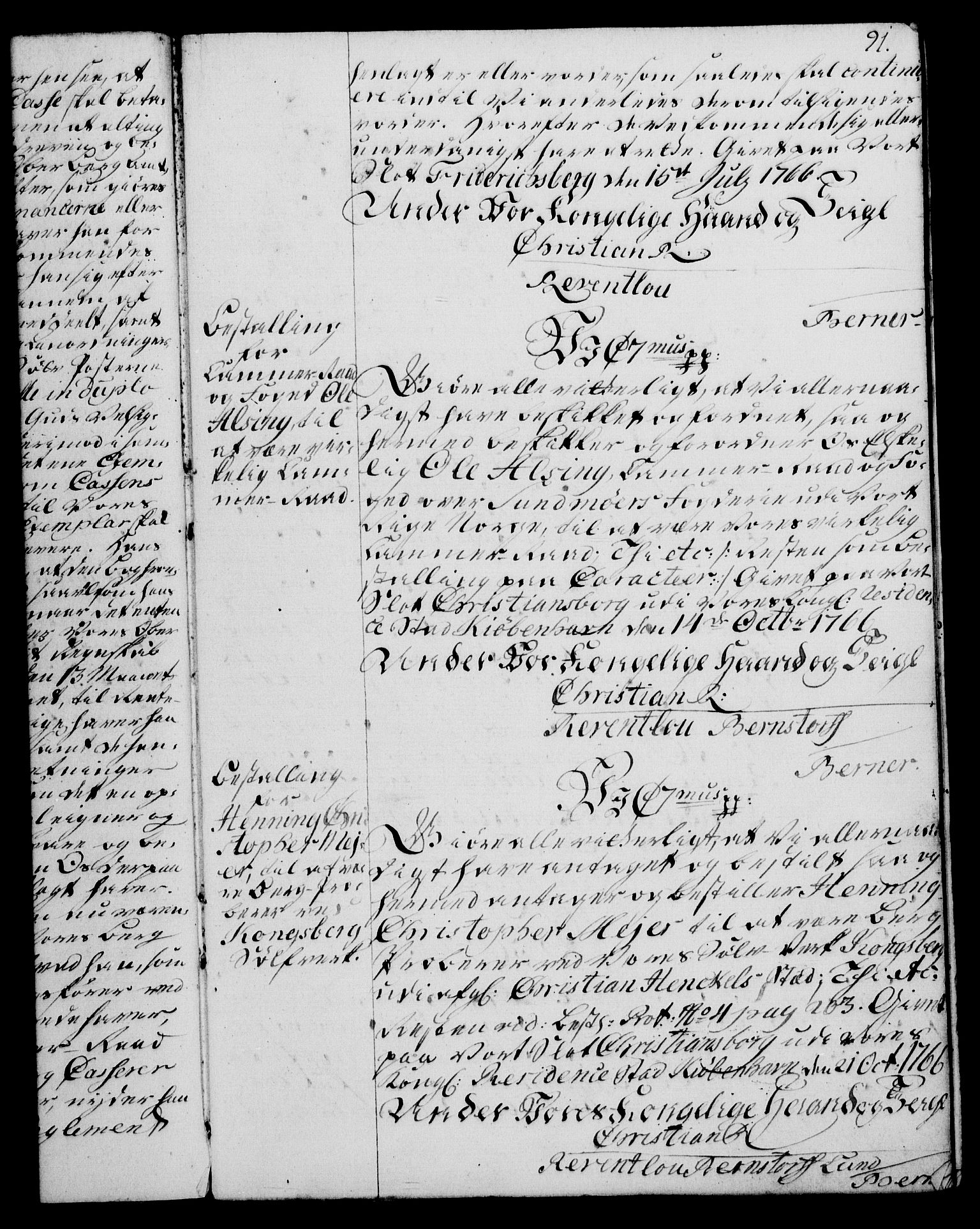 Rentekammeret, Kammerkanselliet, RA/EA-3111/G/Gg/Gge/L0004: Norsk bestallingsprotokoll med register (merket RK 53.28), 1762-1771, s. 91