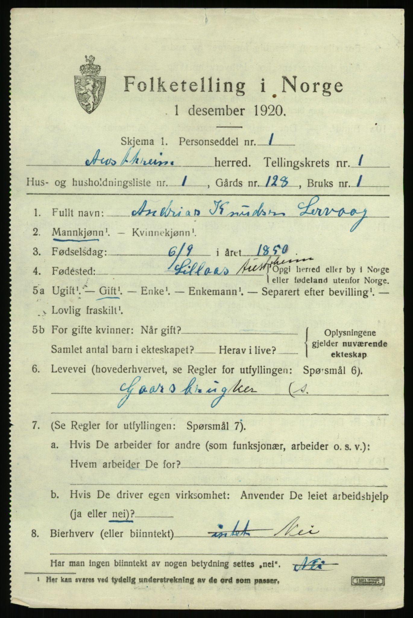 SAB, Folketelling 1920 for 1264 Austrheim herred, 1920, s. 956