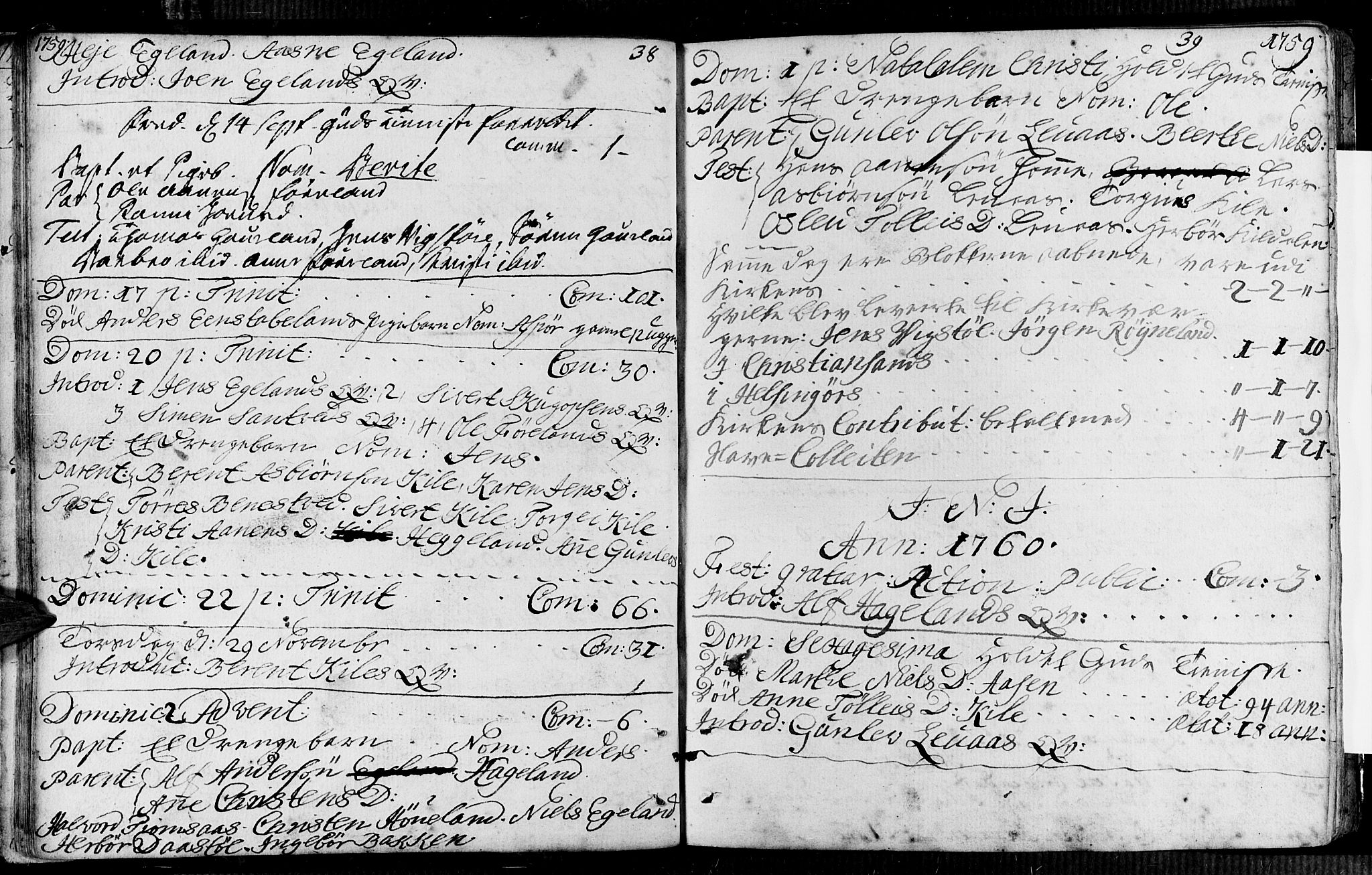 Vennesla sokneprestkontor, SAK/1111-0045/Fa/Faa/L0001: Ministerialbok nr. A 1, 1753-1785, s. 38-39