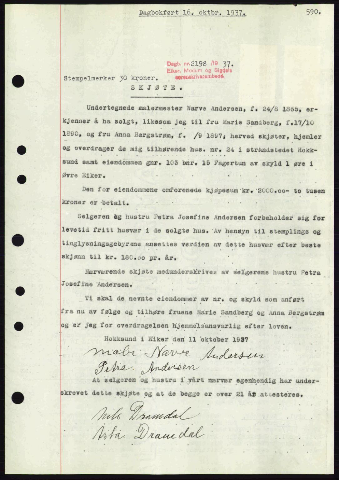 Eiker, Modum og Sigdal sorenskriveri, SAKO/A-123/G/Ga/Gab/L0036: Pantebok nr. A6, 1937-1937, Dagboknr: 2198/1937
