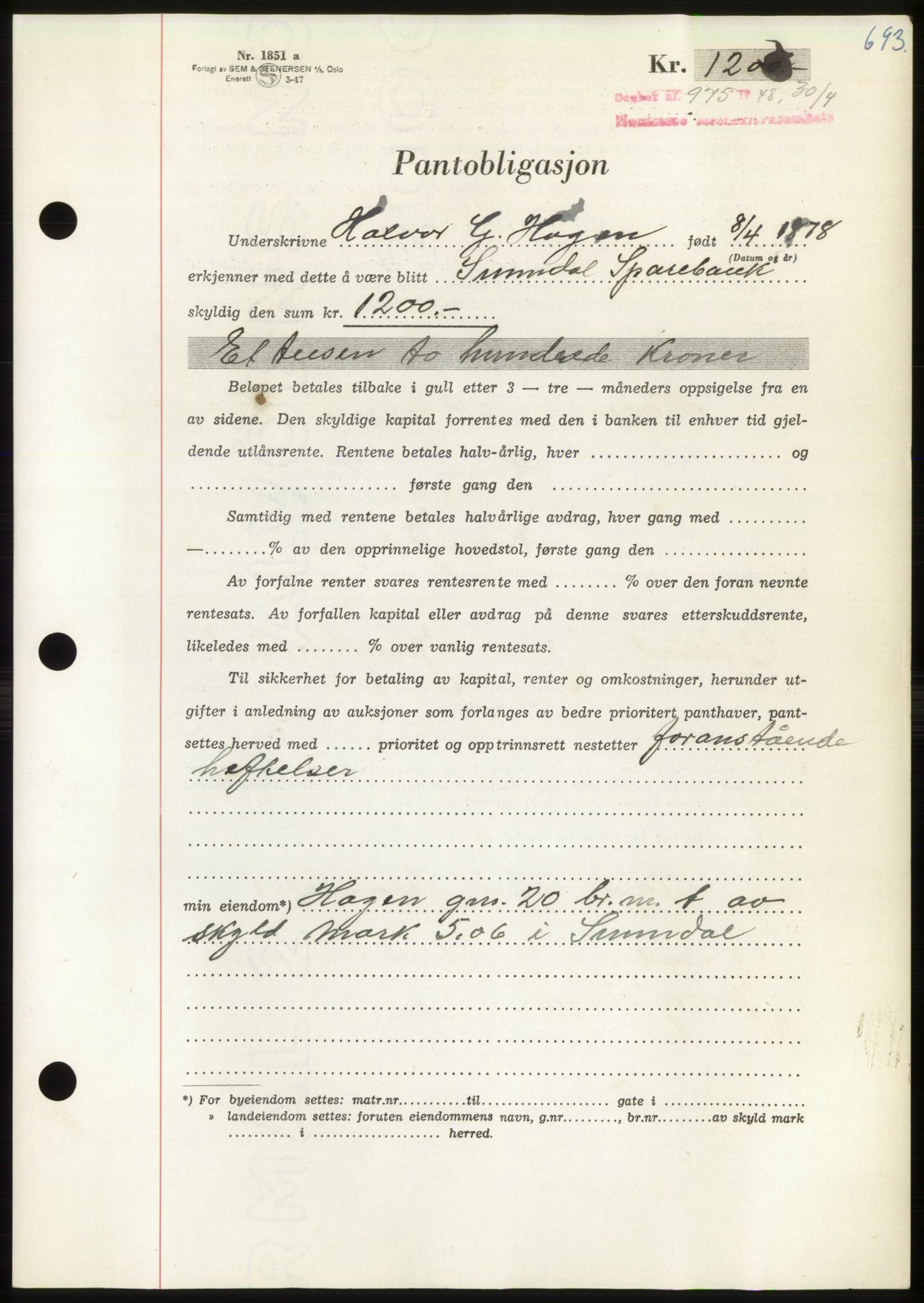 Nordmøre sorenskriveri, AV/SAT-A-4132/1/2/2Ca: Pantebok nr. B98, 1948-1948, Dagboknr: 975/1948