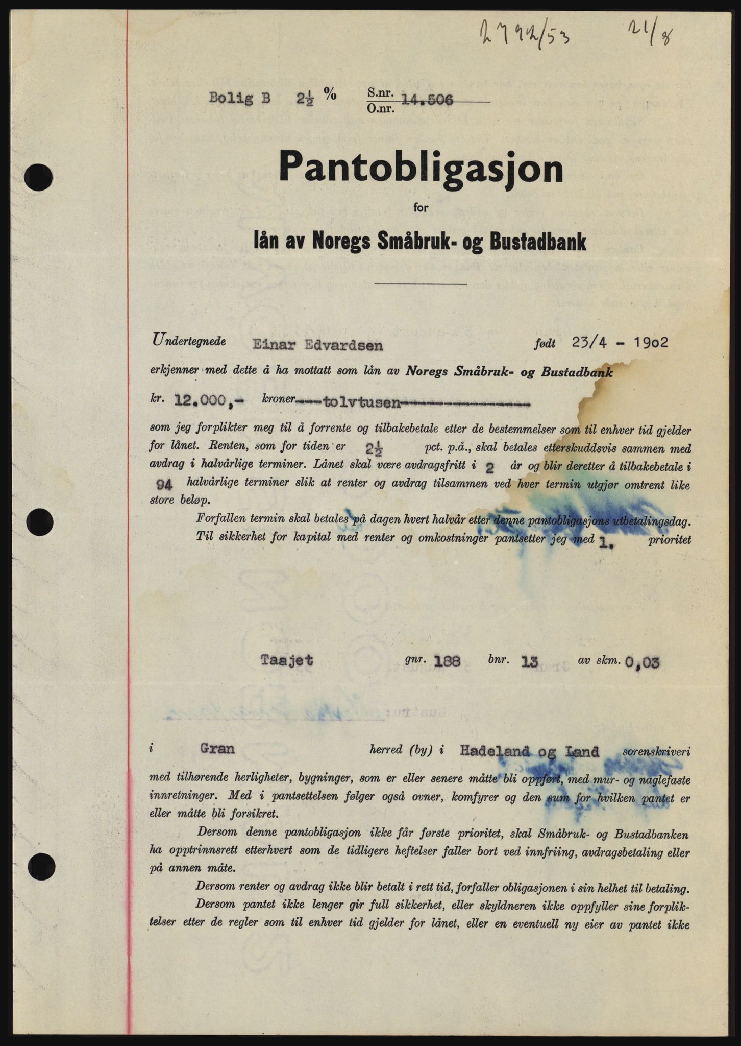 Hadeland og Land tingrett, SAH/TING-010/H/Hb/Hbc/L0027: Pantebok nr. B27, 1953-1953, Dagboknr: 2792/1953