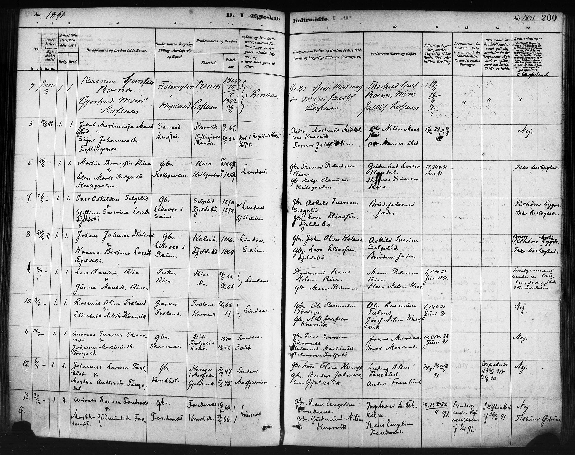 Lindås Sokneprestembete, AV/SAB-A-76701/H/Haa/Haaa/L0019: Ministerialbok nr. A 19, 1878-1912, s. 200