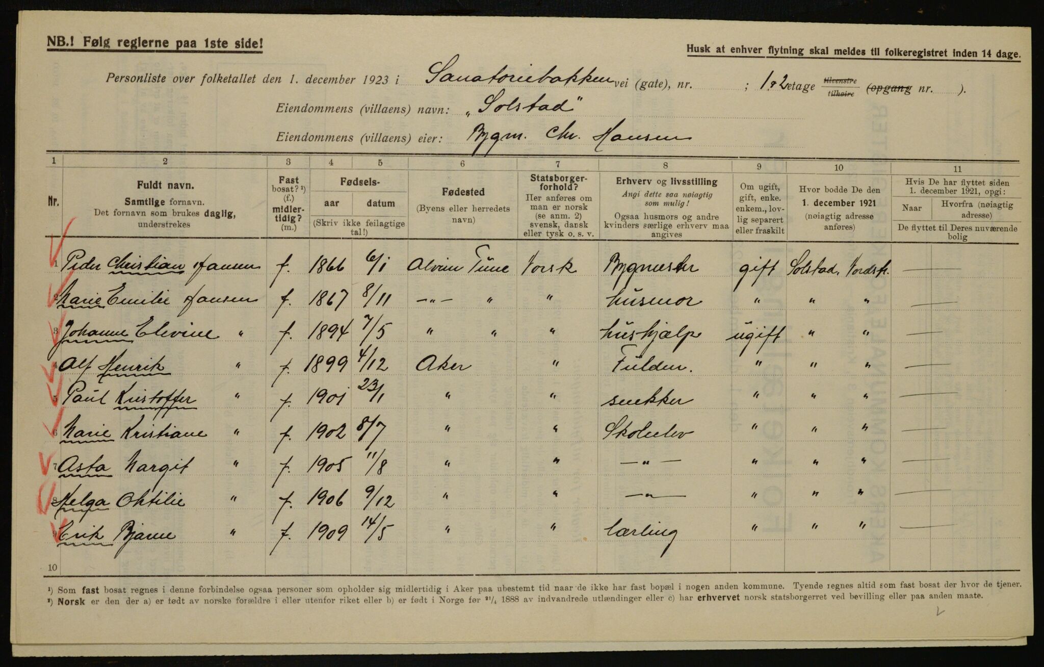 , Kommunal folketelling 1.12.1923 for Aker, 1923, s. 44838