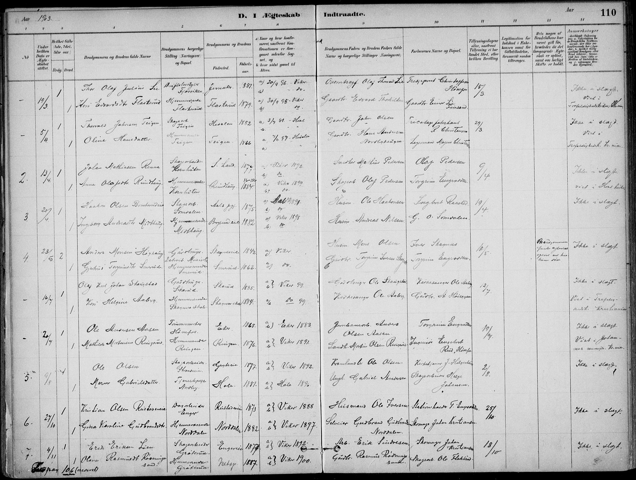 Ådal kirkebøker, AV/SAKO-A-248/F/Fa/L0003: Ministerialbok nr. I 3, 1884-1903, s. 110