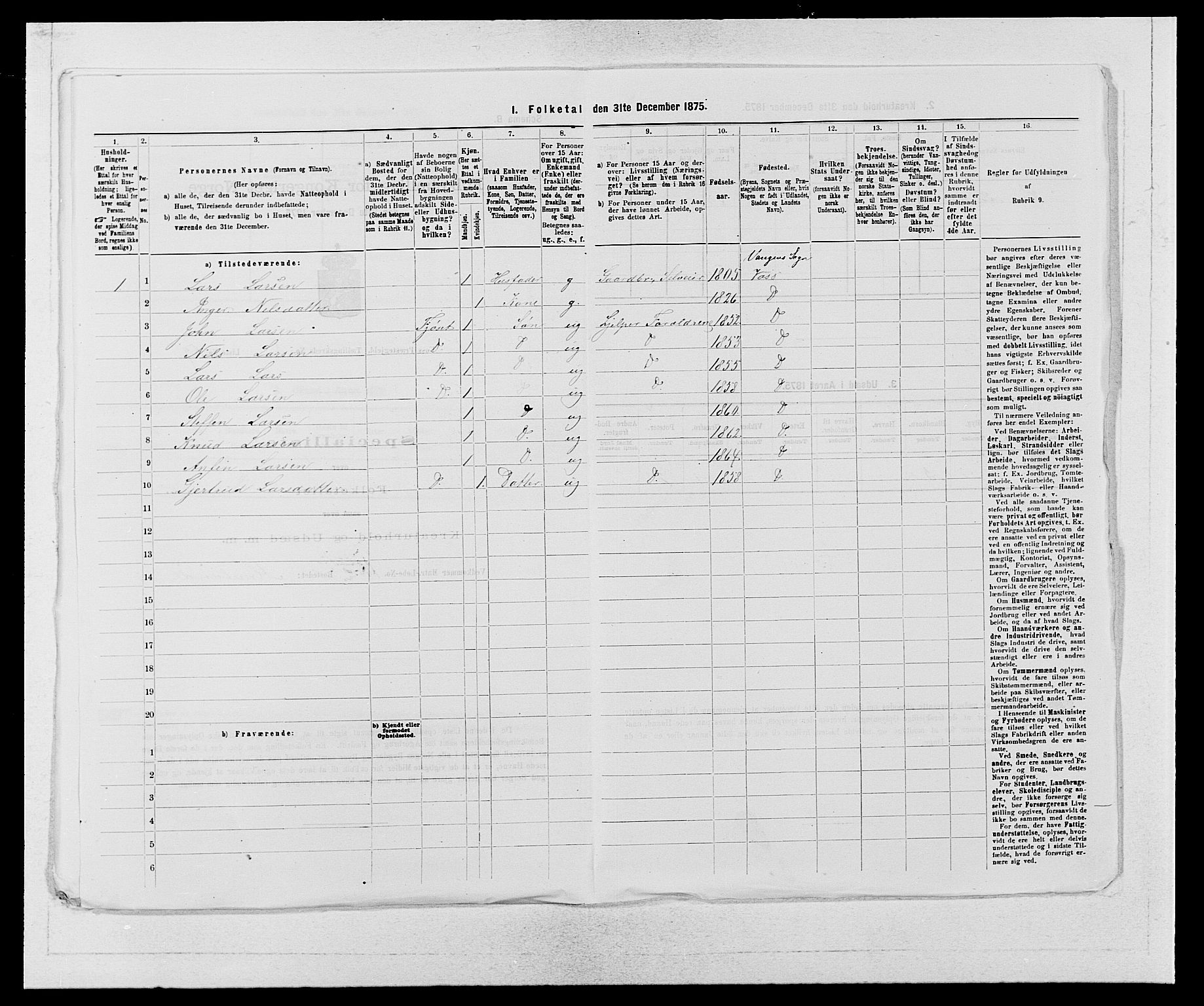 SAB, Folketelling 1875 for 1235P Voss prestegjeld, 1875, s. 698