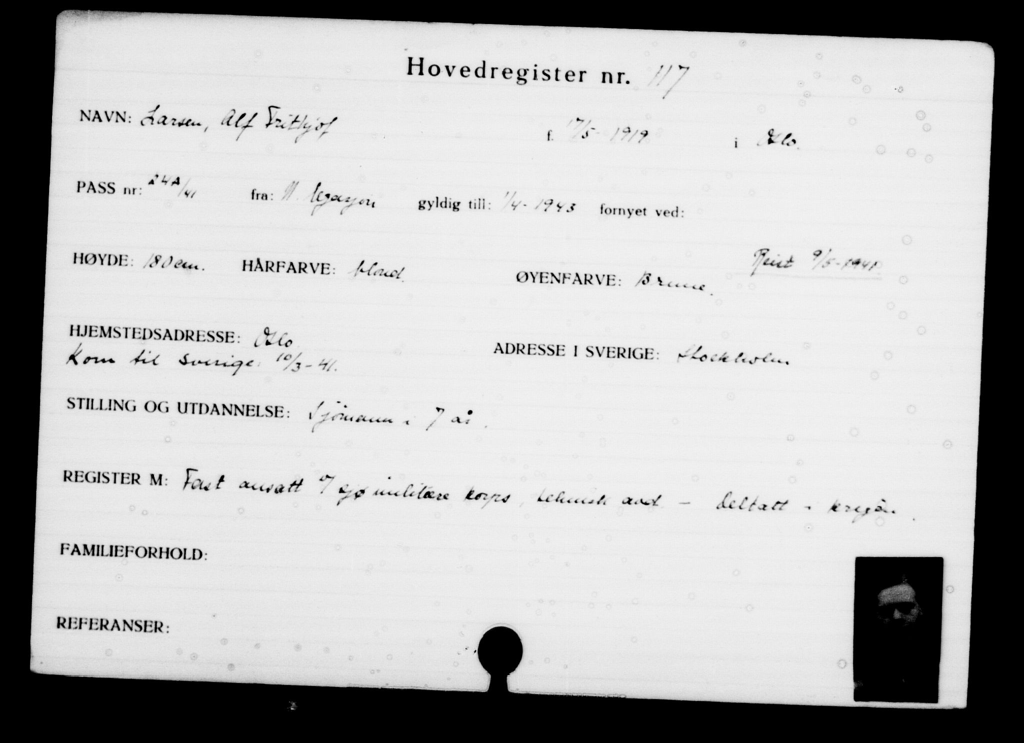 Utenriksstasjonene, Legasjonen i Stockholm, Flyktningkontoret, AV/RA-S-6753/V/Va/L0001: Kjesäterkartoteket, flyktninger med registreringsnr. 1-1000, 1940-1945, s. 193