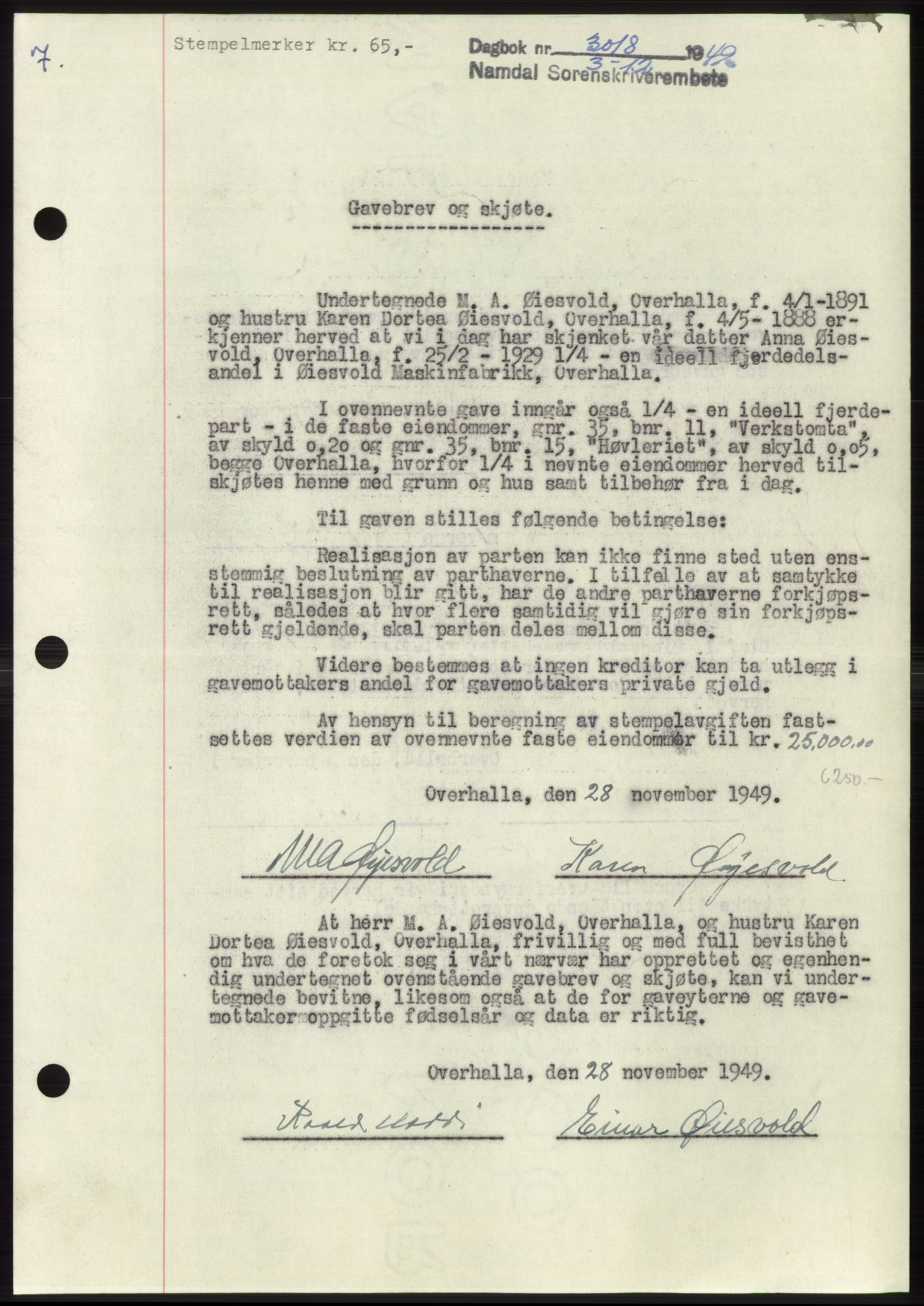 Namdal sorenskriveri, SAT/A-4133/1/2/2C: Pantebok nr. -, 1949-1949, Dagboknr: 3018/1949