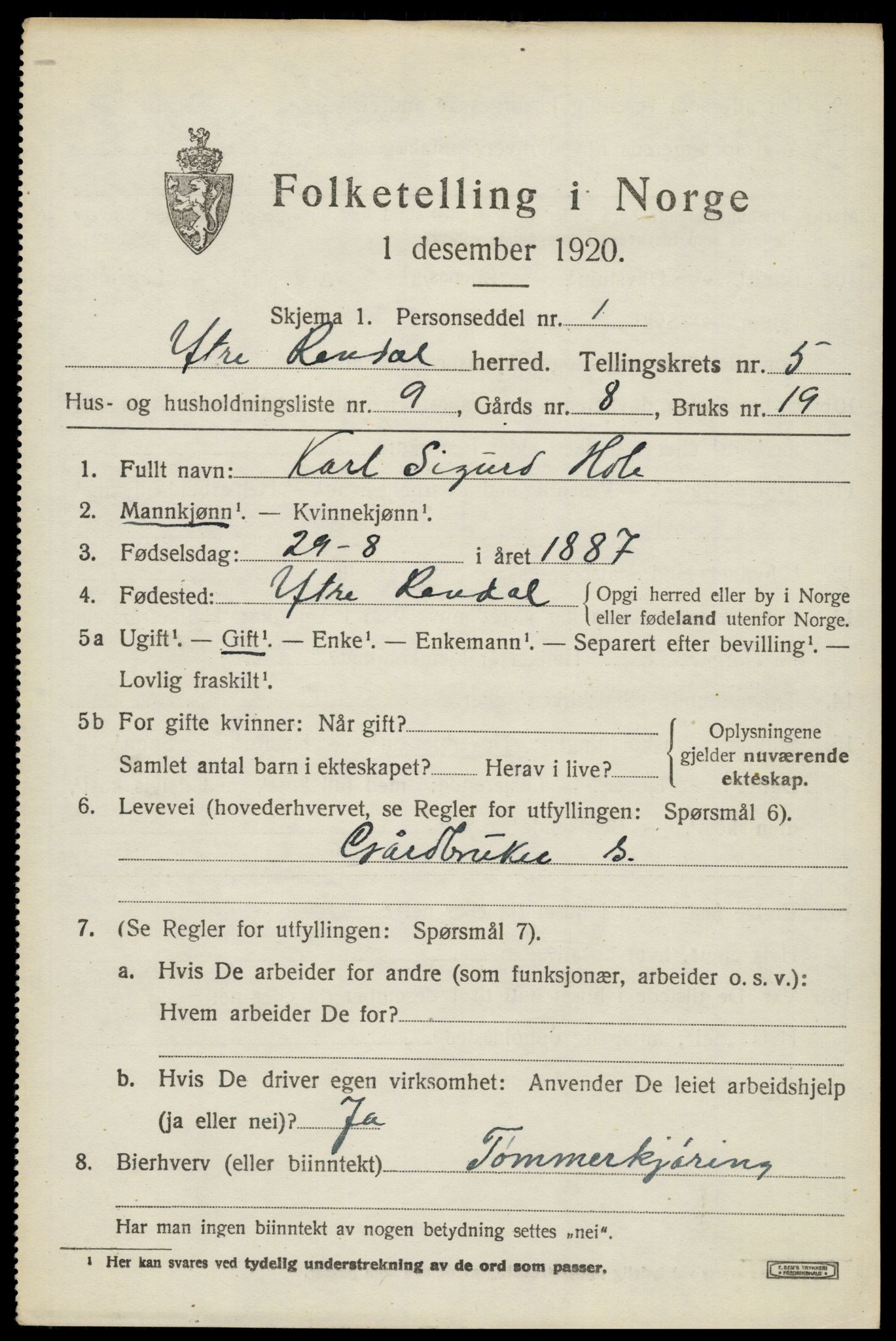SAH, Folketelling 1920 for 0432 Ytre Rendal herred, 1920, s. 2695