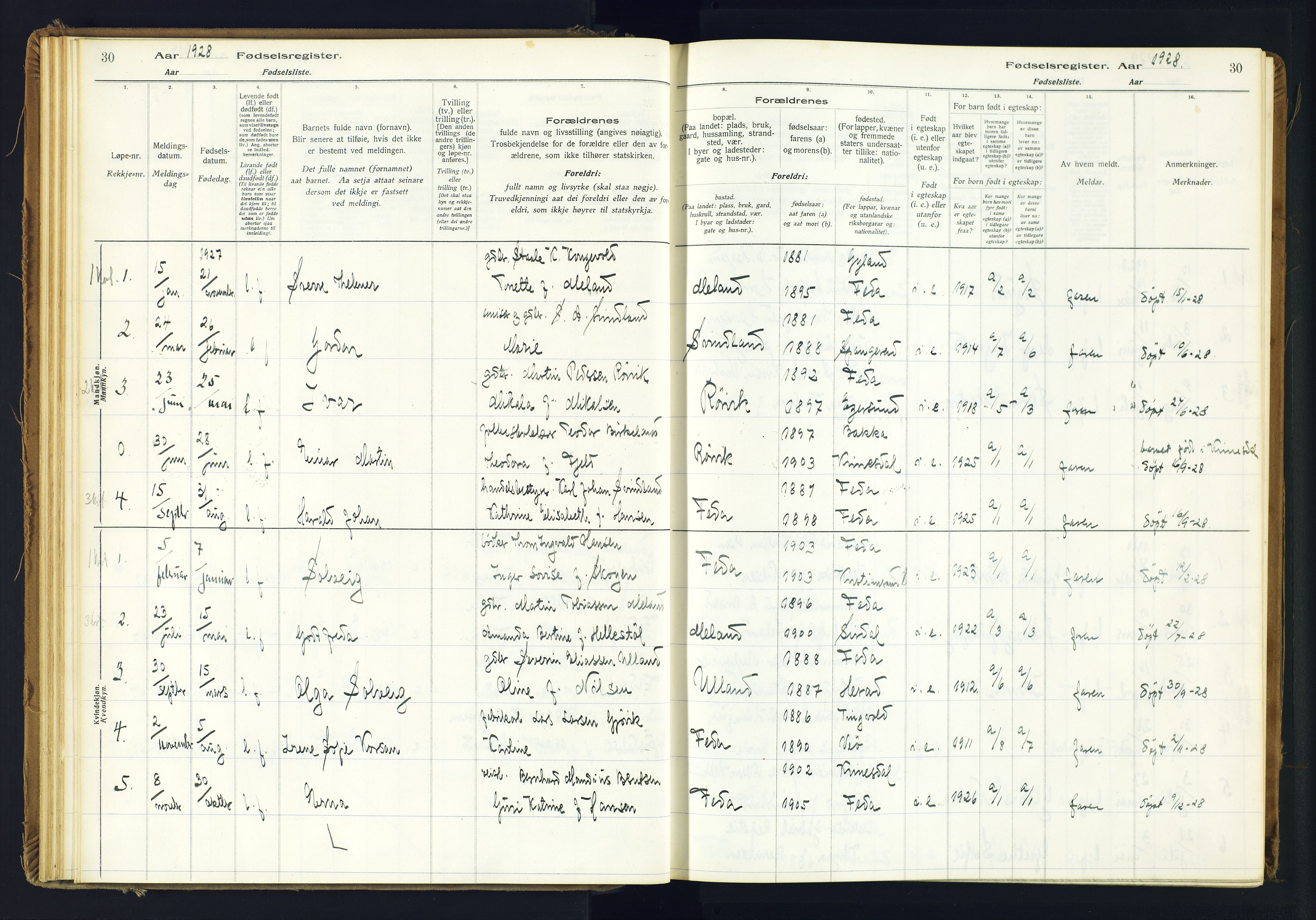 Kvinesdal sokneprestkontor, SAK/1111-0026/J/Ja/L0005: Fødselsregister nr. 5, 1916-1982, s. 30