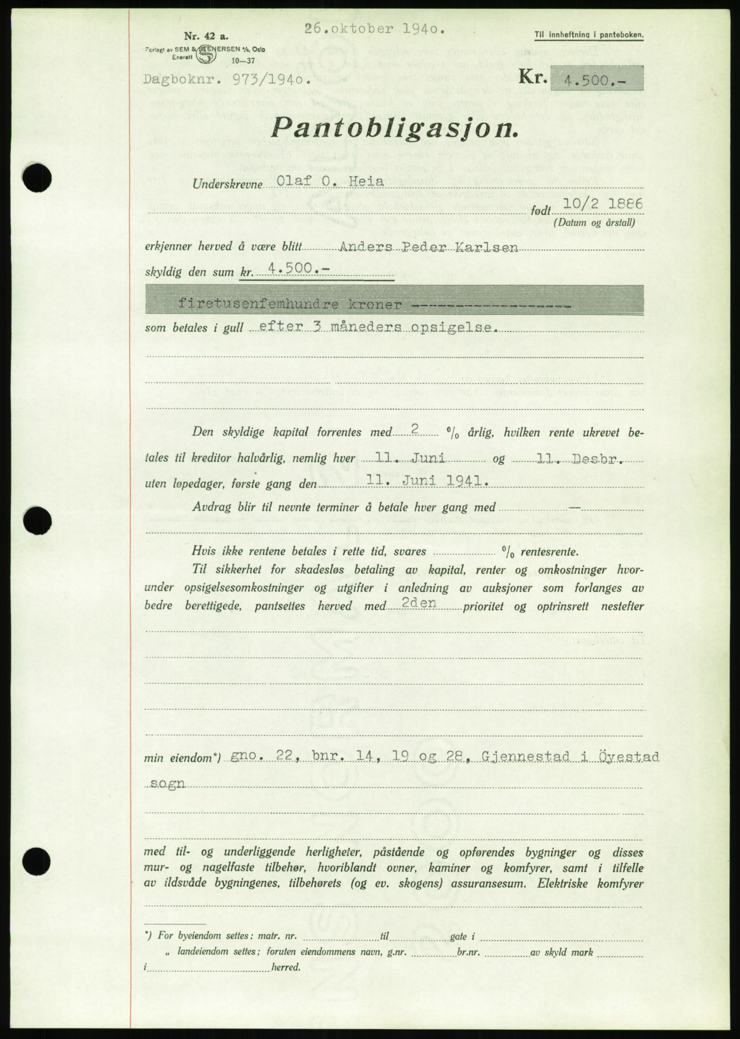 Nedenes sorenskriveri, SAK/1221-0006/G/Gb/Gbb/L0001: Pantebok nr. I, 1939-1942, Dagboknr: 973/1940