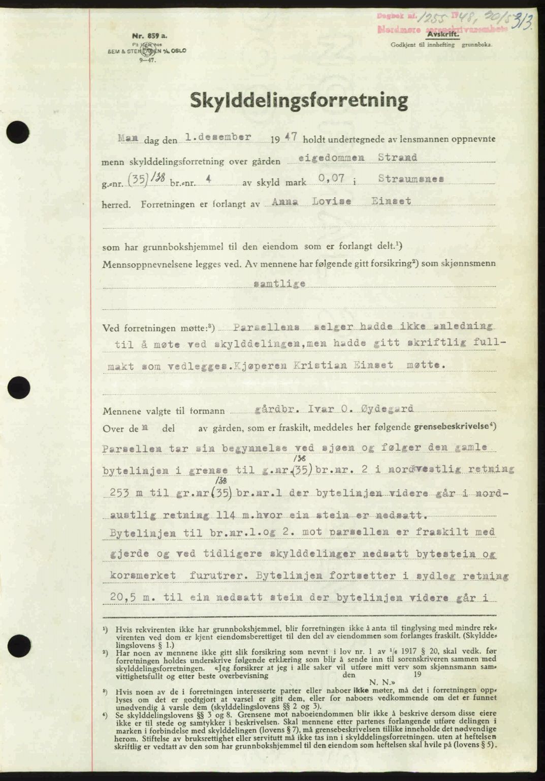 Nordmøre sorenskriveri, SAT/A-4132/1/2/2Ca: Pantebok nr. A108, 1948-1948, Dagboknr: 1255/1948