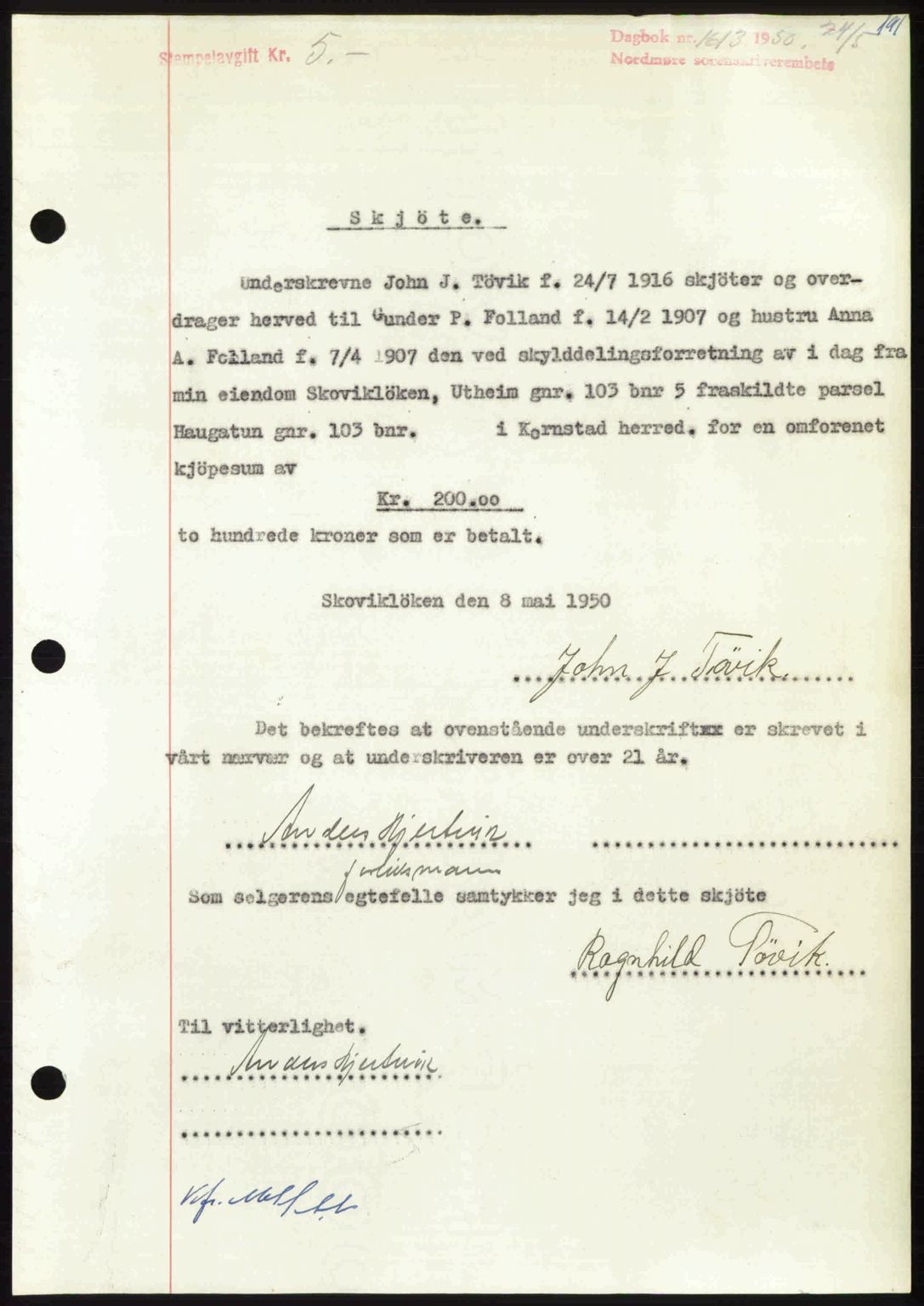 Nordmøre sorenskriveri, SAT/A-4132/1/2/2Ca: Pantebok nr. A115, 1950-1950, Dagboknr: 1613/1950