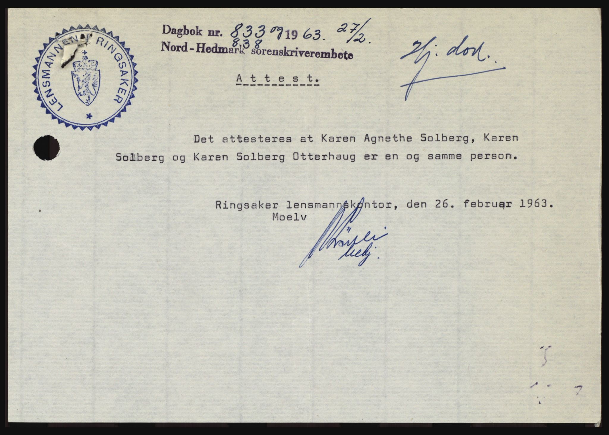 Nord-Hedmark sorenskriveri, SAH/TING-012/H/Hc/L0017: Pantebok nr. 17, 1962-1963, Dagboknr: 833/1963