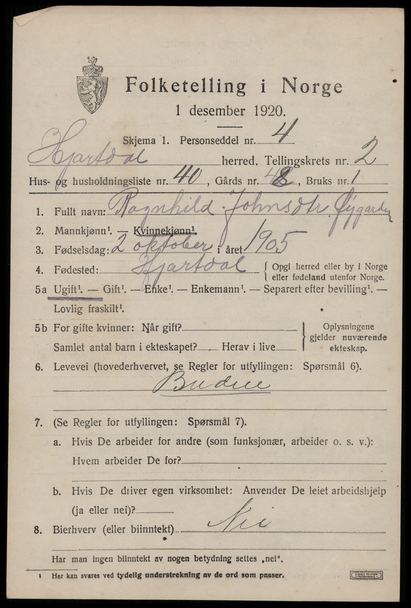 SAKO, Folketelling 1920 for 0827 Hjartdal herred, 1920, s. 2242